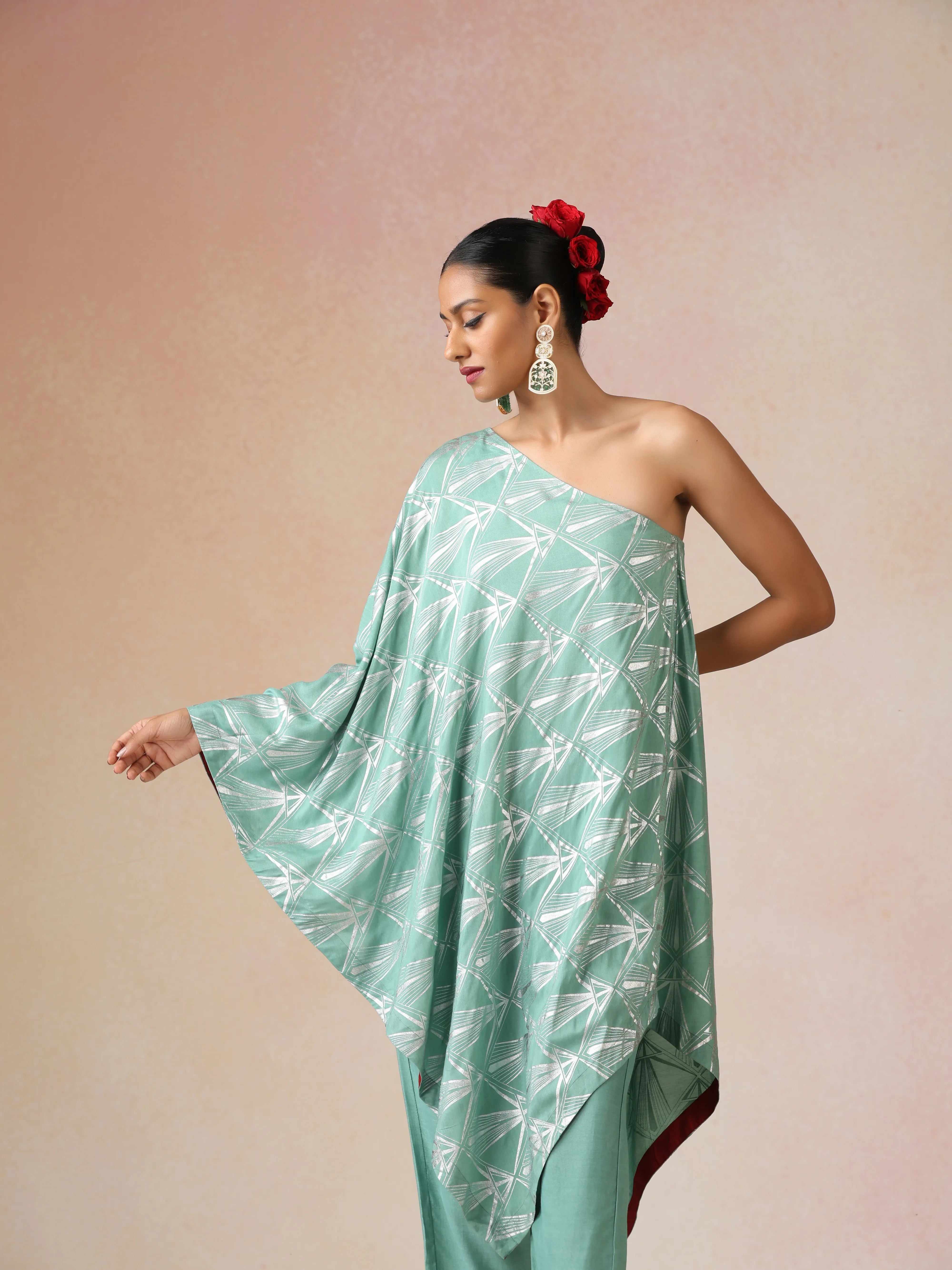 trueBrowns Mint Green Silver Foil Print Muslin Silk Asymmetric One-Shoulder Kurta Co-ord Set