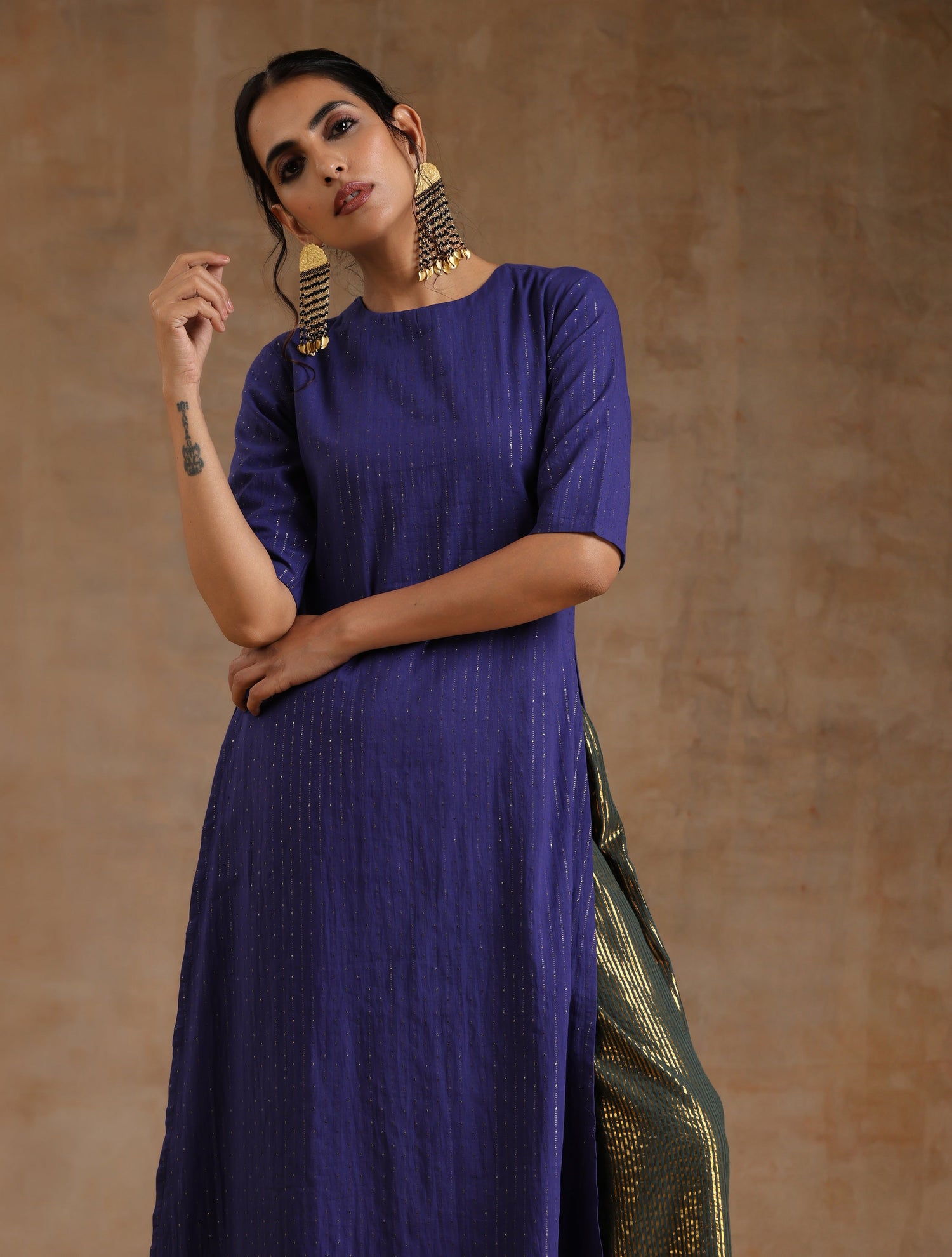 Spectrum Blue Gold Cotton High Slit Kurta Set