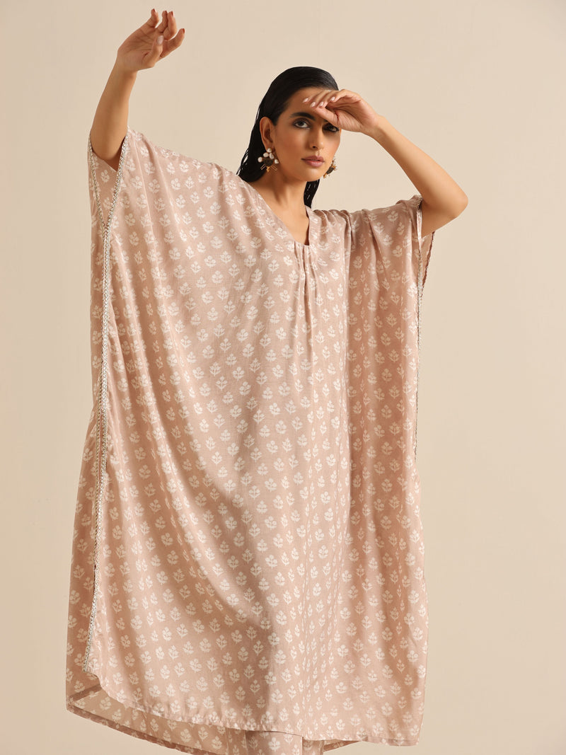 Beige White Floral Silk Print Kaftan Pant Set