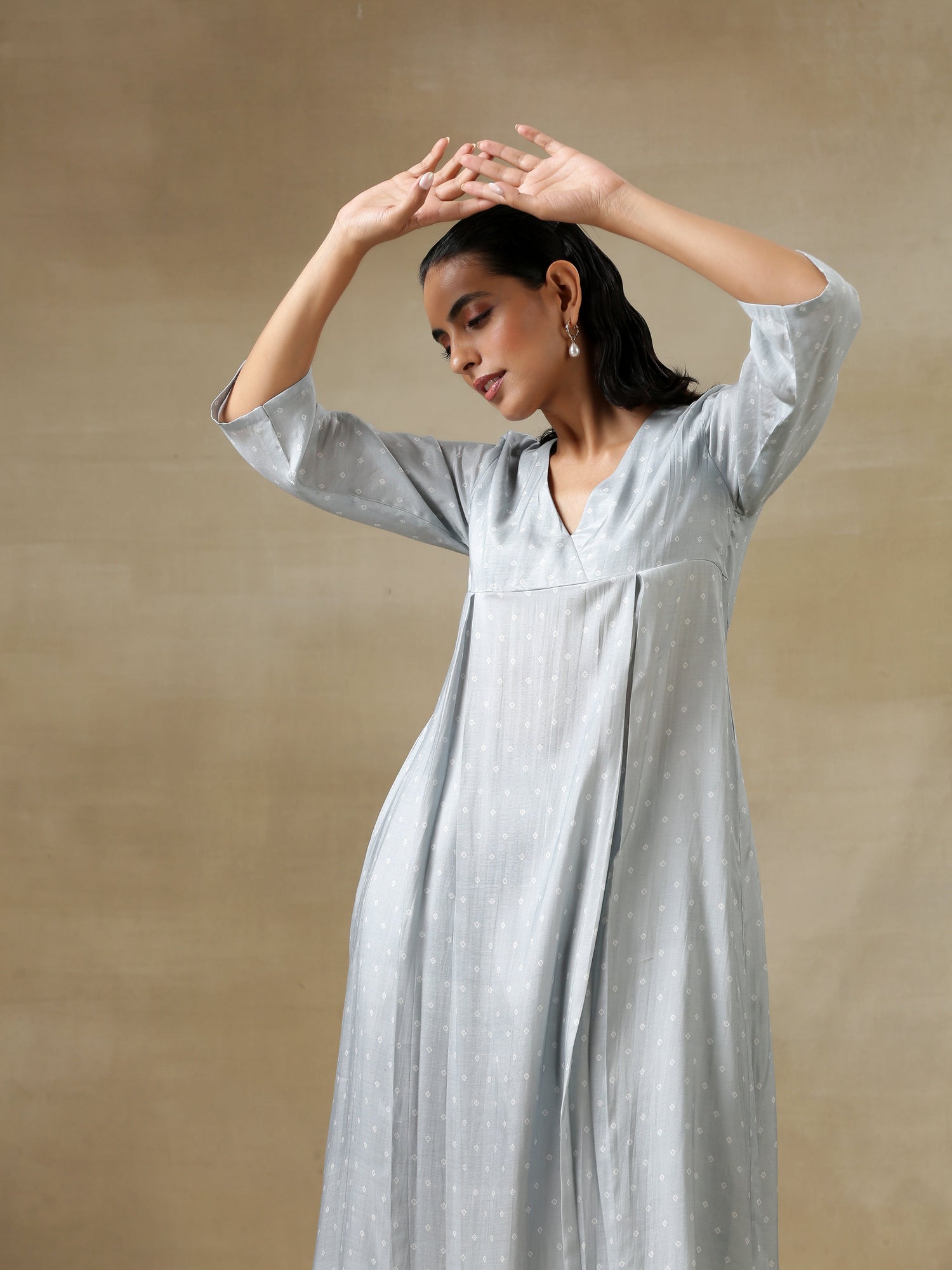 Grey Bandhani Printed Silk Yoke Kurta Pant Set