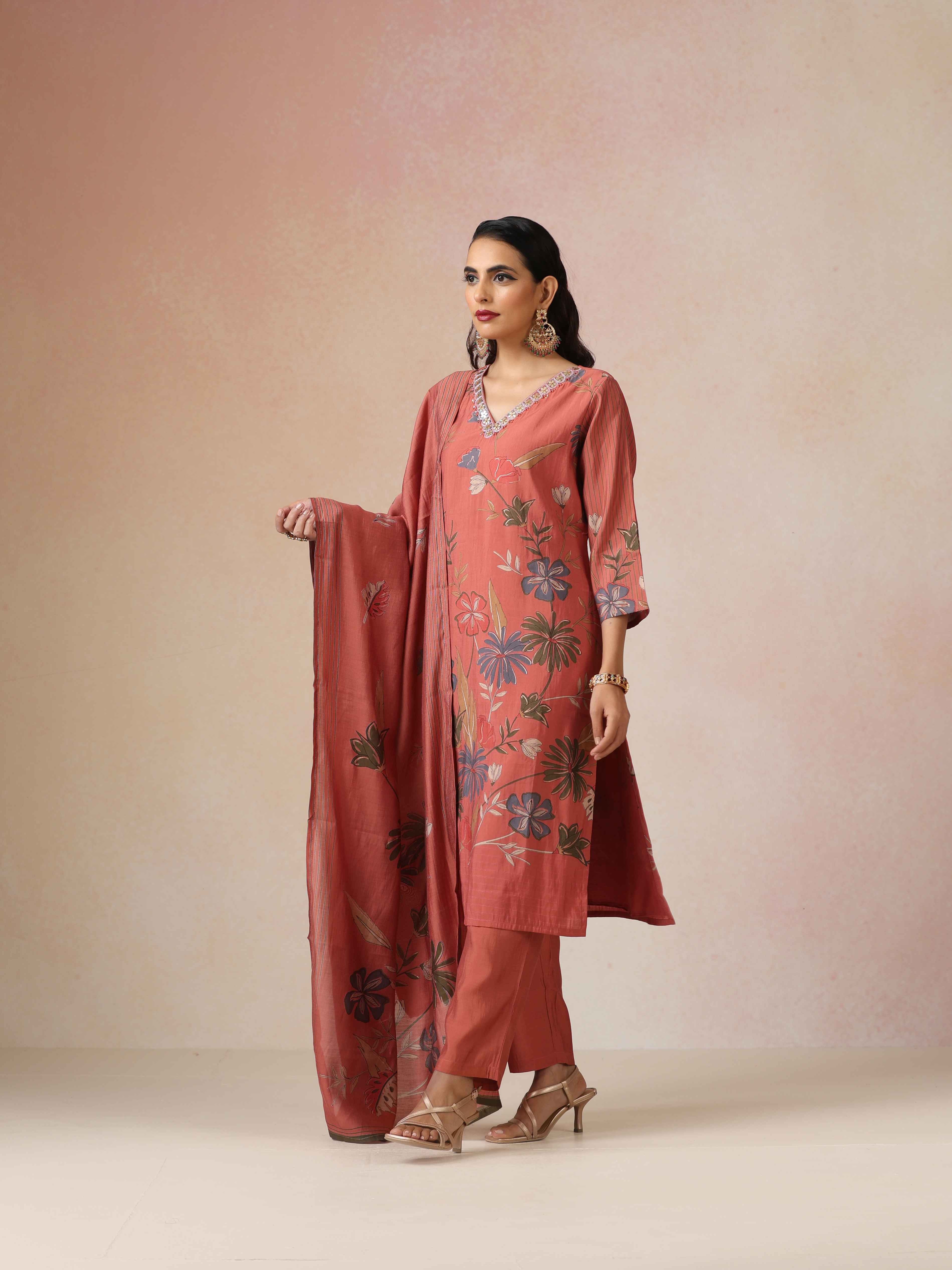 trueBrowns Rust Embroidered Straight Kurta 3pc Set