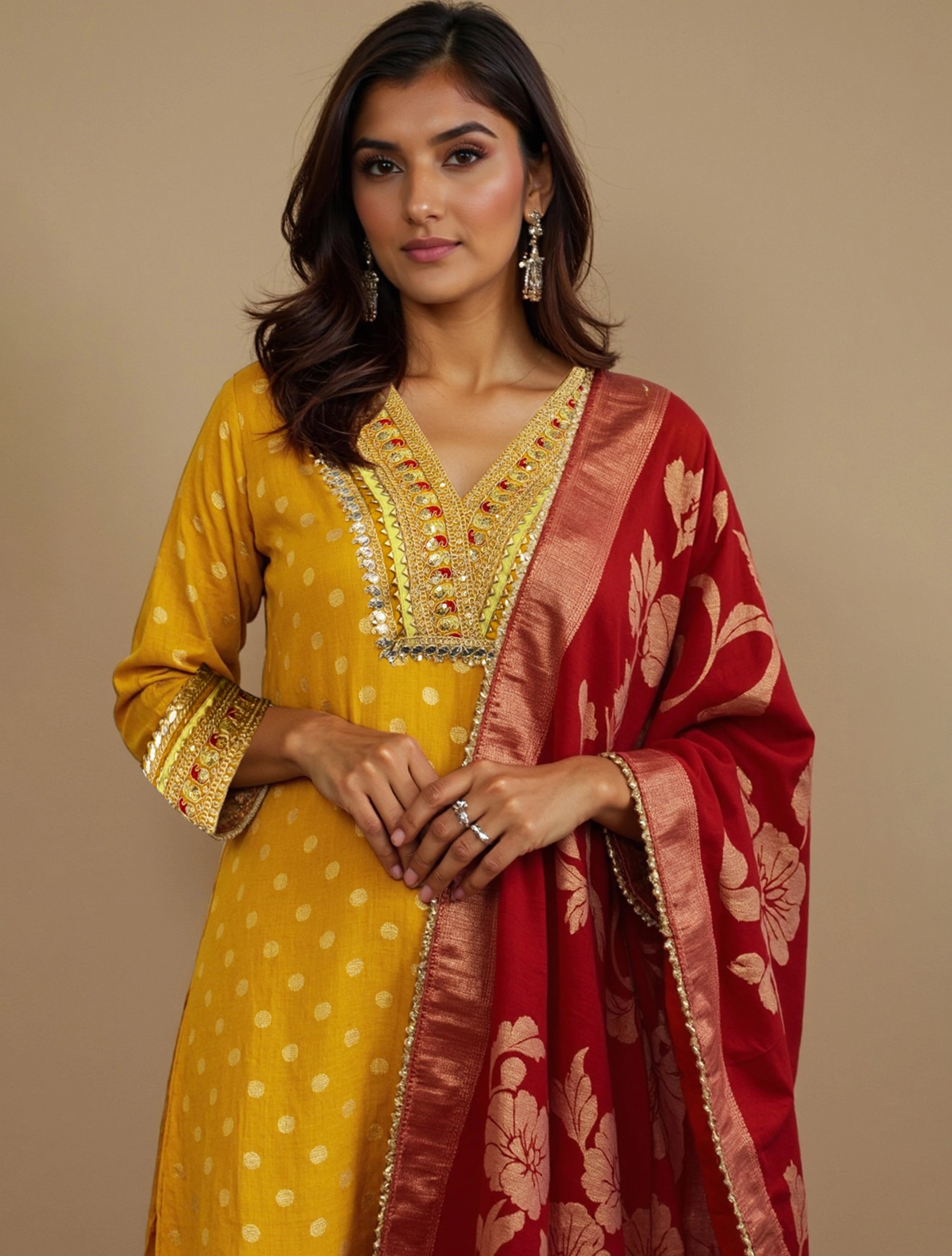 trueBrowns Yellow Jacquard Straight Kurta Pant Dupatta Set