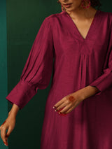 trueBrowns Purple Silk Puff Sleeve Kurta Pant Set