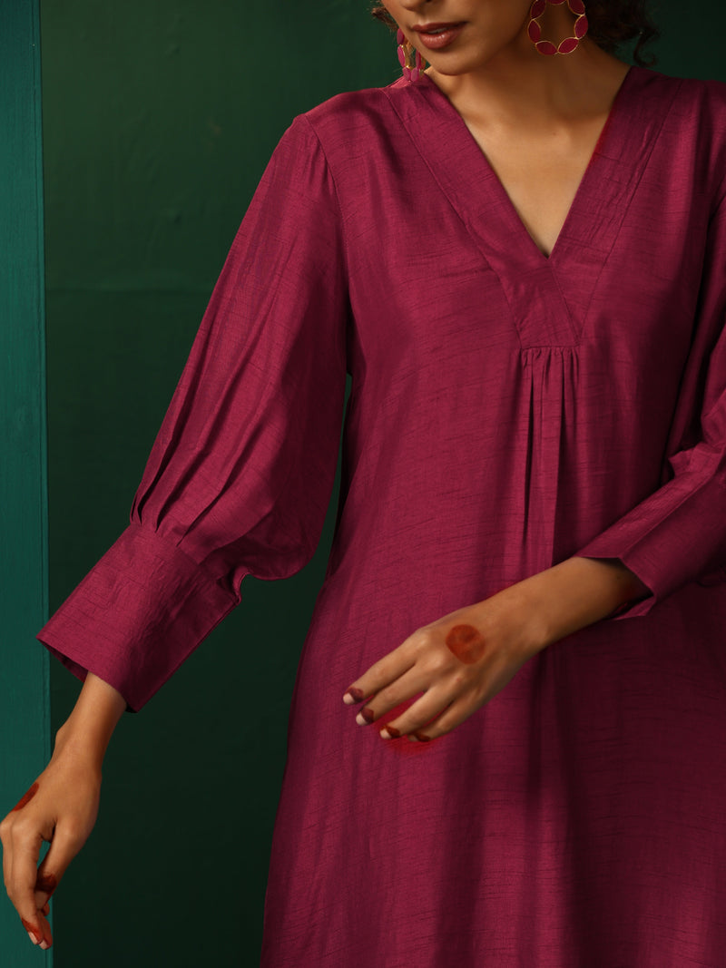 trueBrowns Purple Silk Puff Sleeve Kurta Pant Set