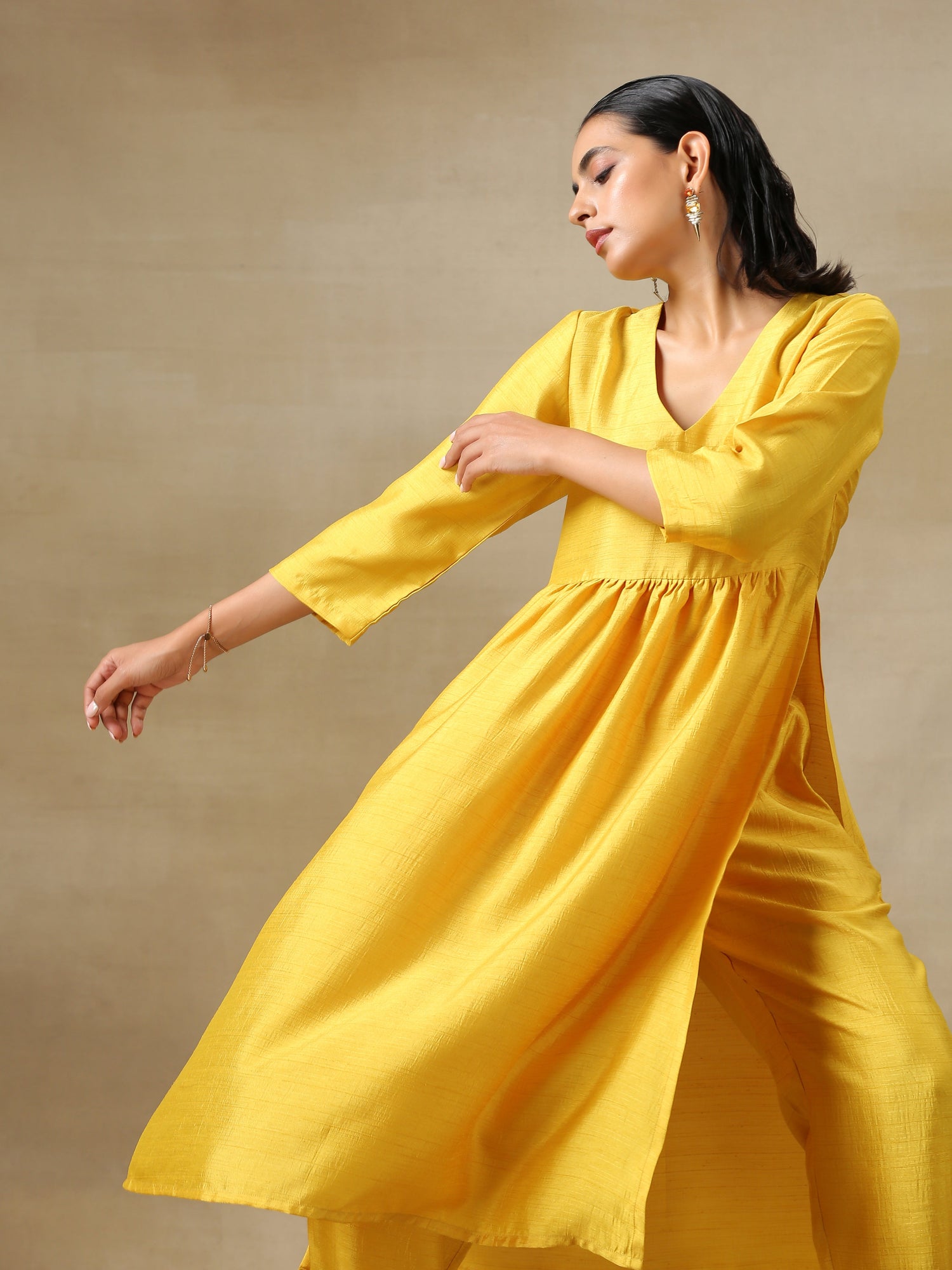 Yellow Textured Silk High Slit Gathered Kurta Set