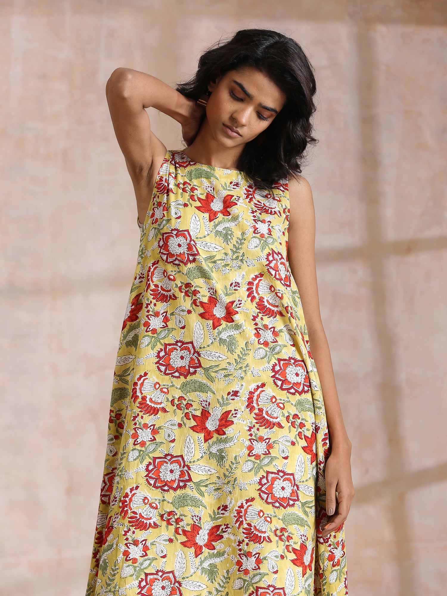 Yellow Overall Floral Block Print Cotton Sleeveless Kurta Pant Set