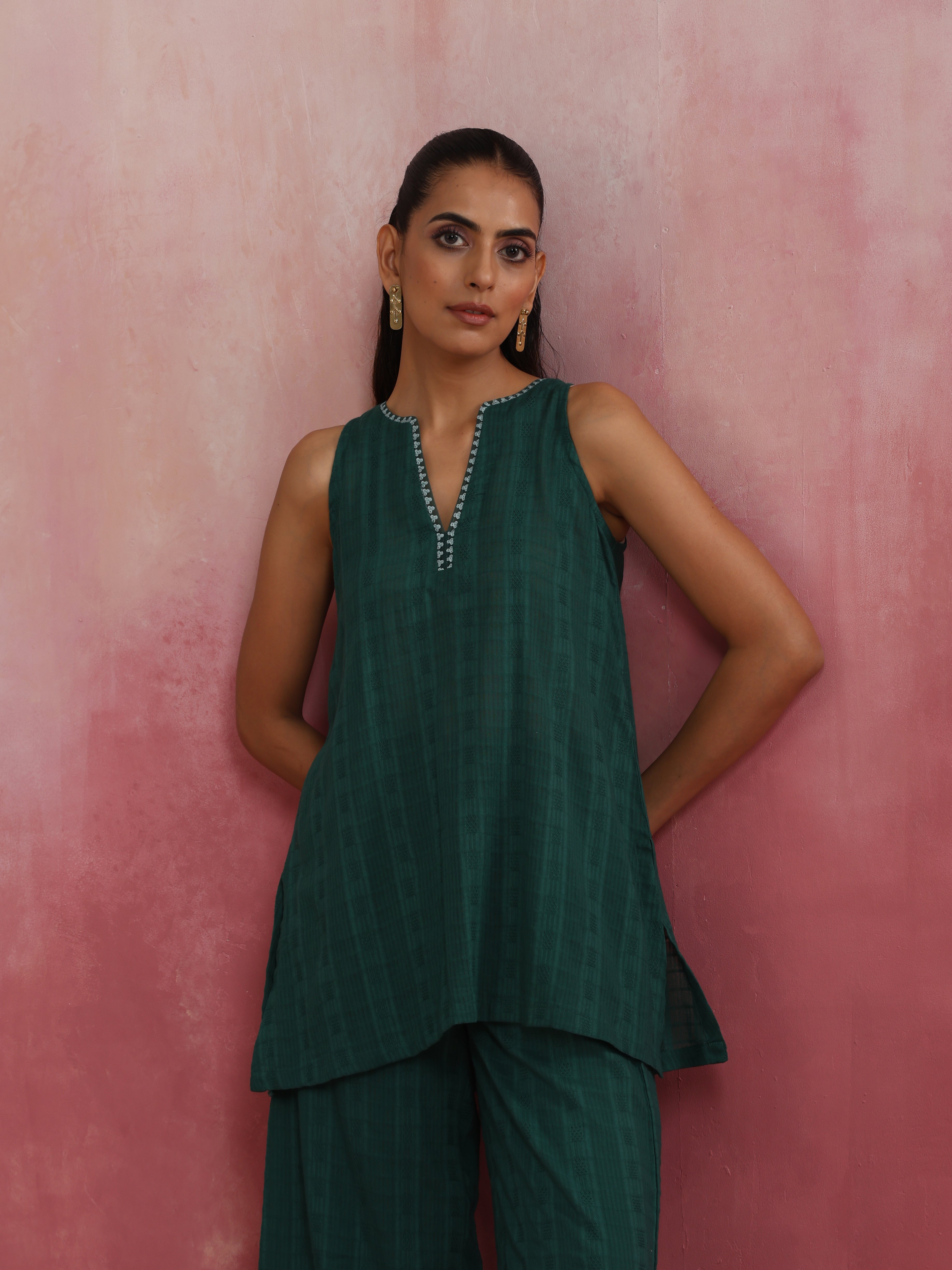 trueBrowns Dark Green Cotton Dobby Co-ord set