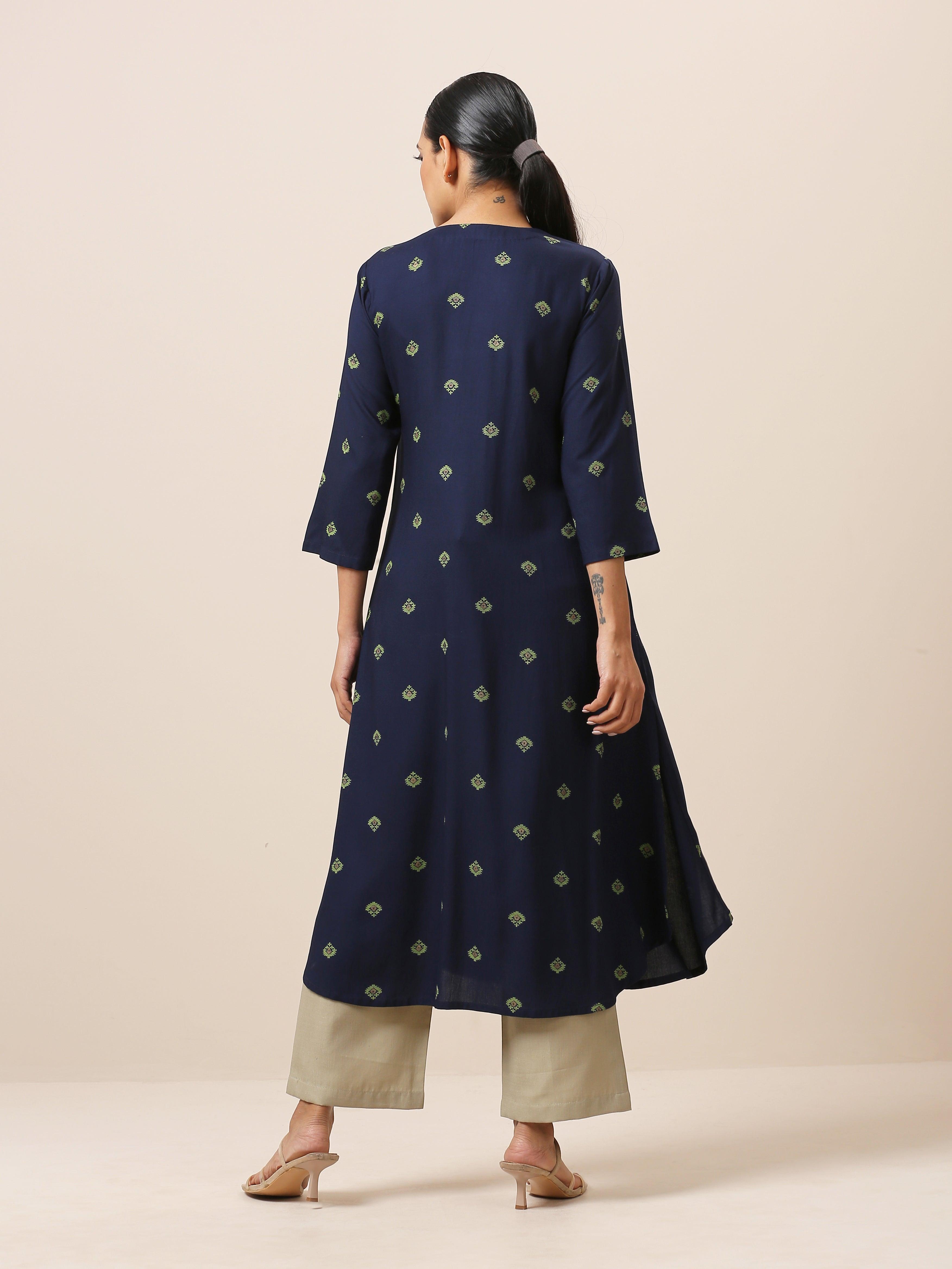 Cotton Blue Printed Slit Kurta Pant Set - trueBrowns