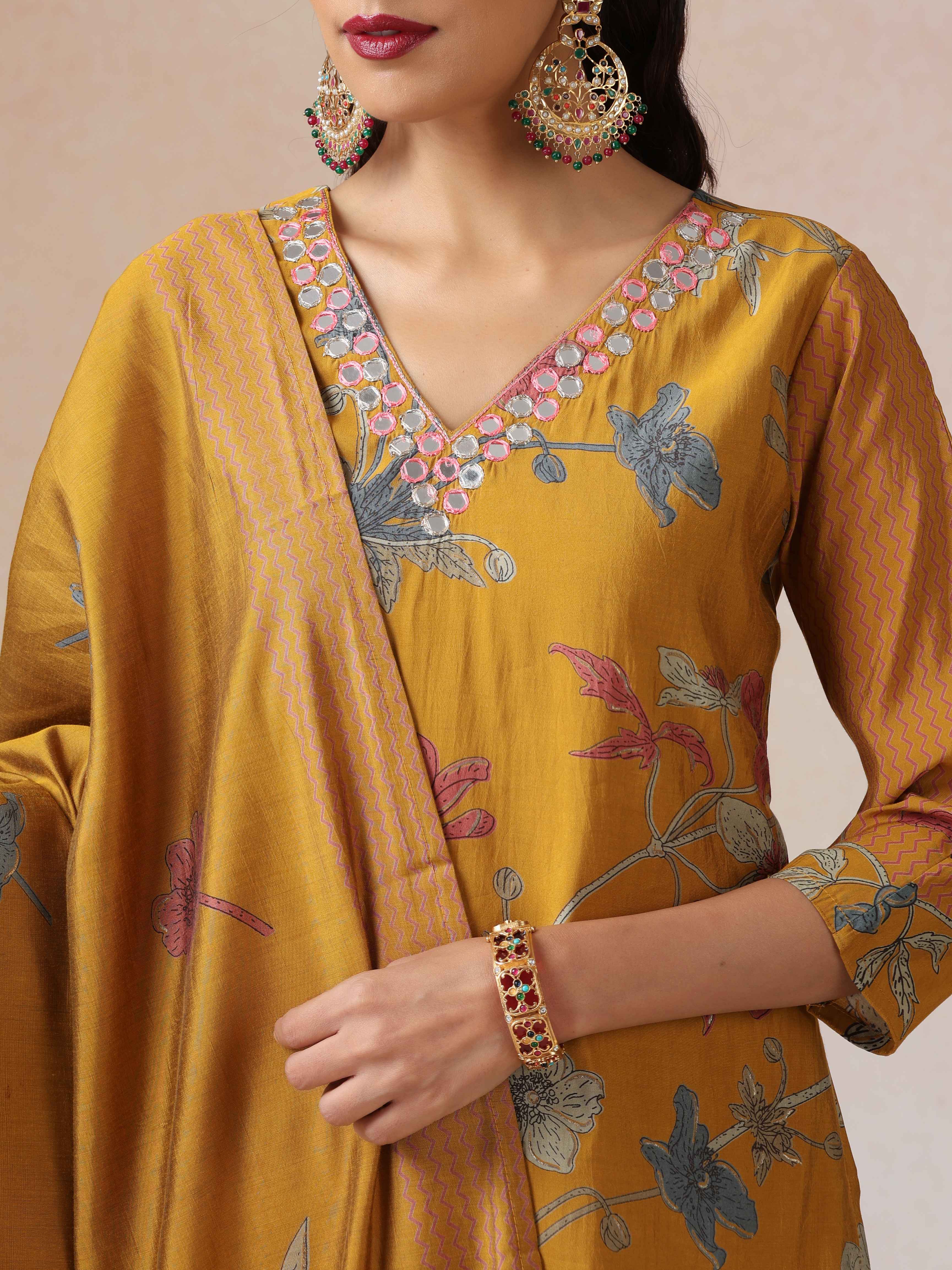 trueBrowns Yellow Embroidered Straight Kurta 3pc Set