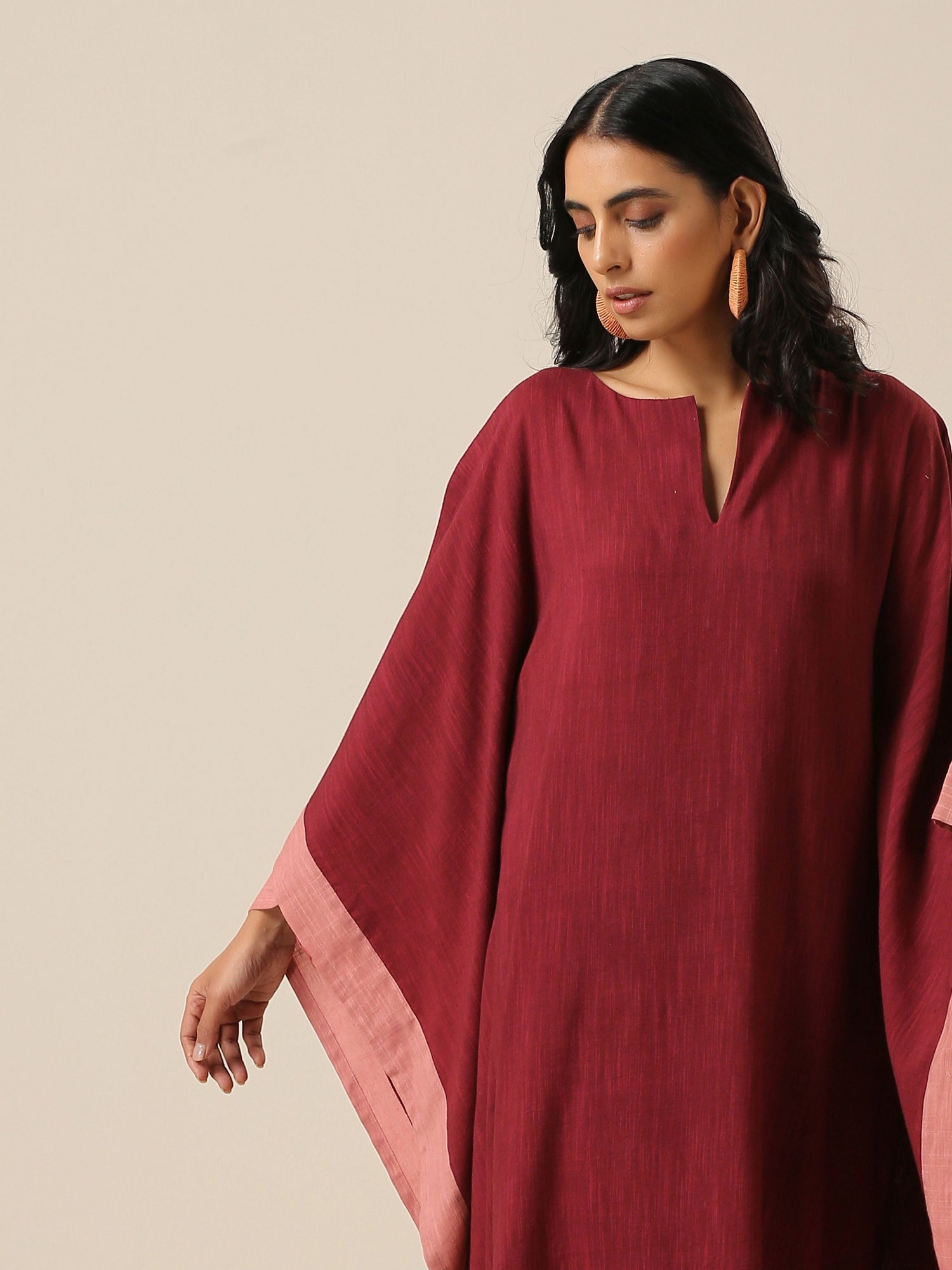 Ruby Wine Slub Texture High Low Kaftan Pant Set