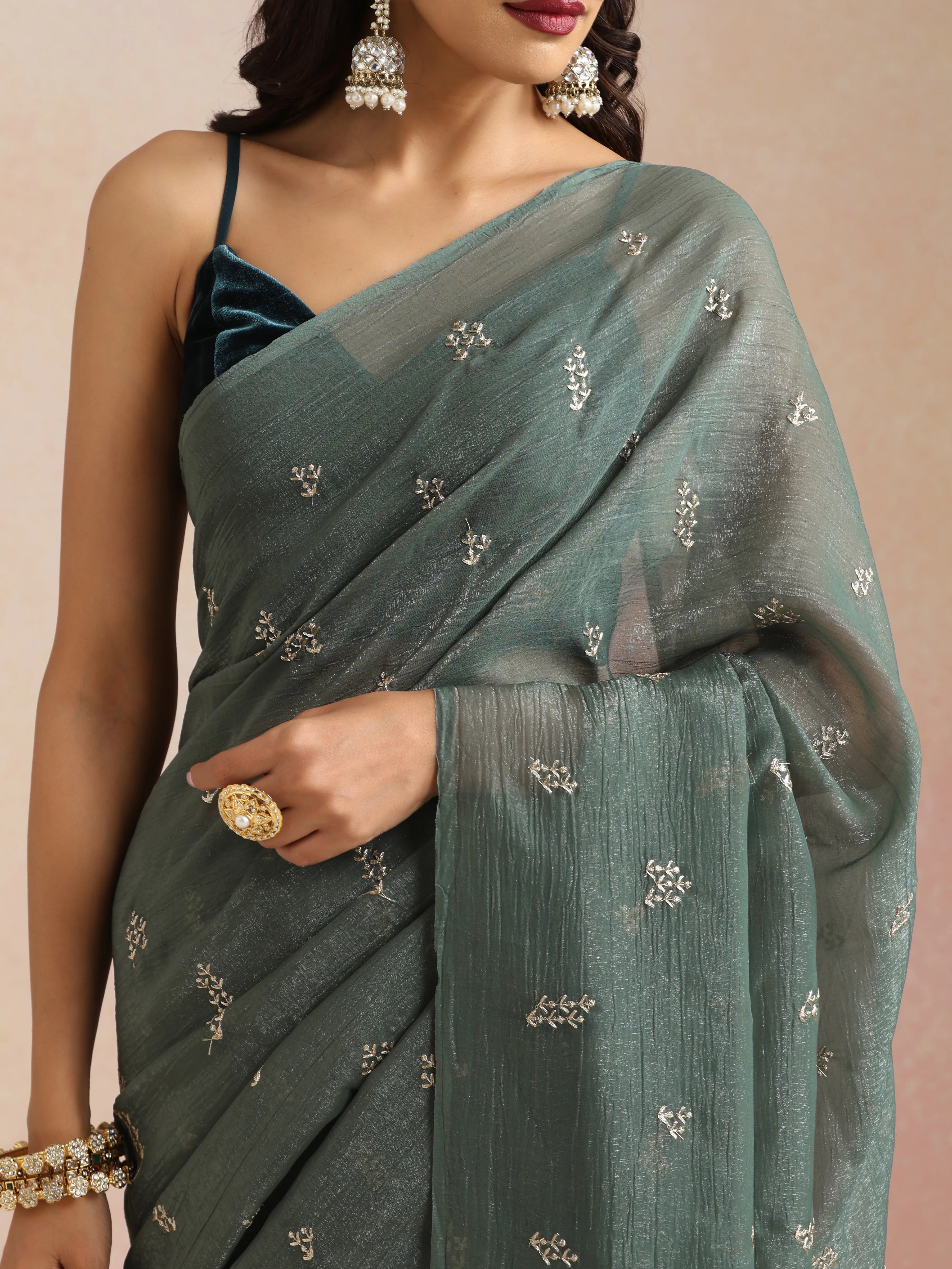 trueBrowns Turq All Over Embroidered Saree With Unstitched Blouse
