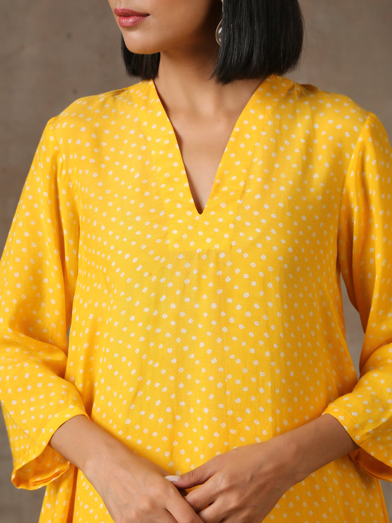 Yellow Bandhani Flare Printed Silk Co-Ord Set | Relove