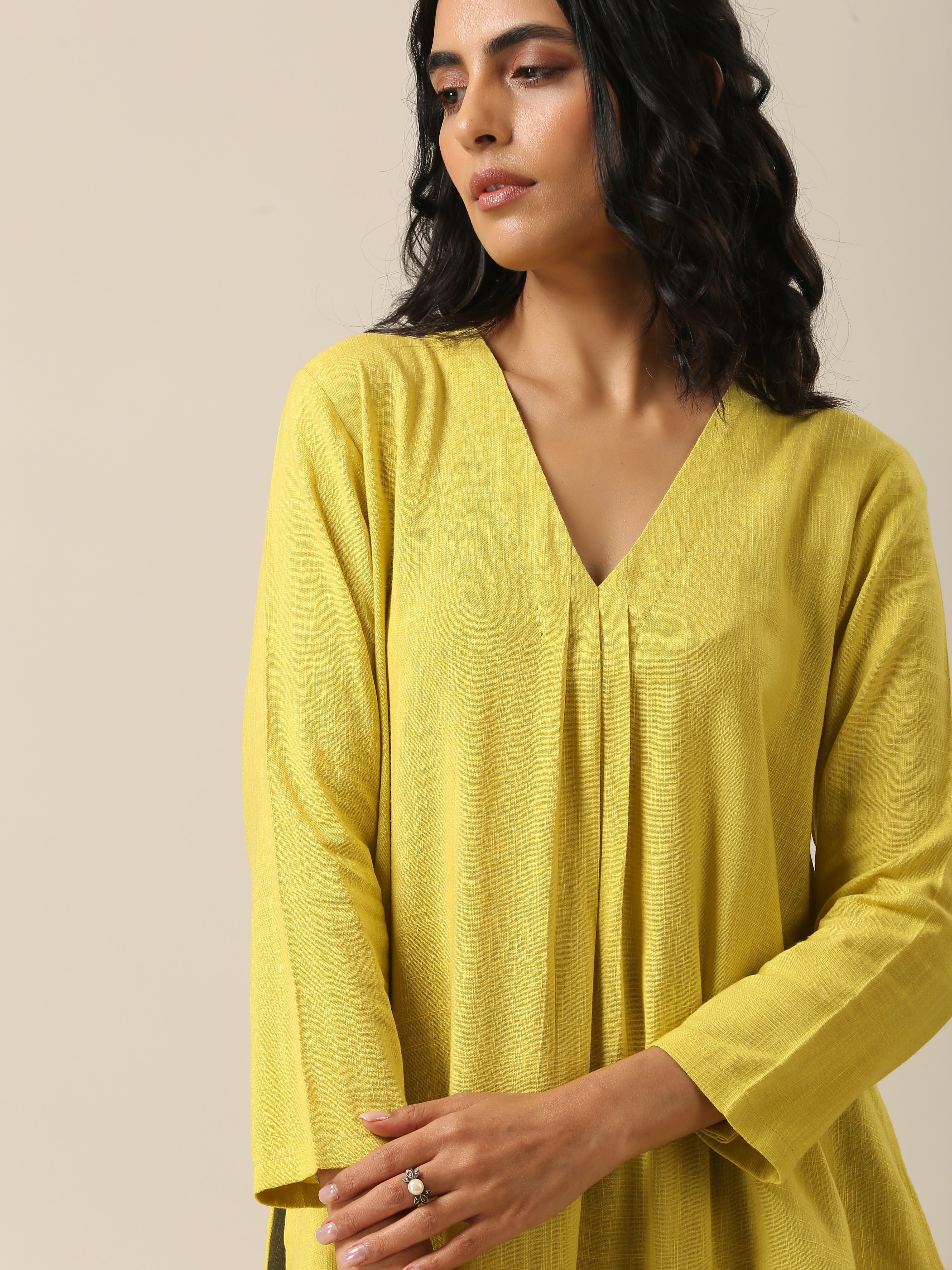 Lime Slub Texture Slit Kurta Palazzo Set