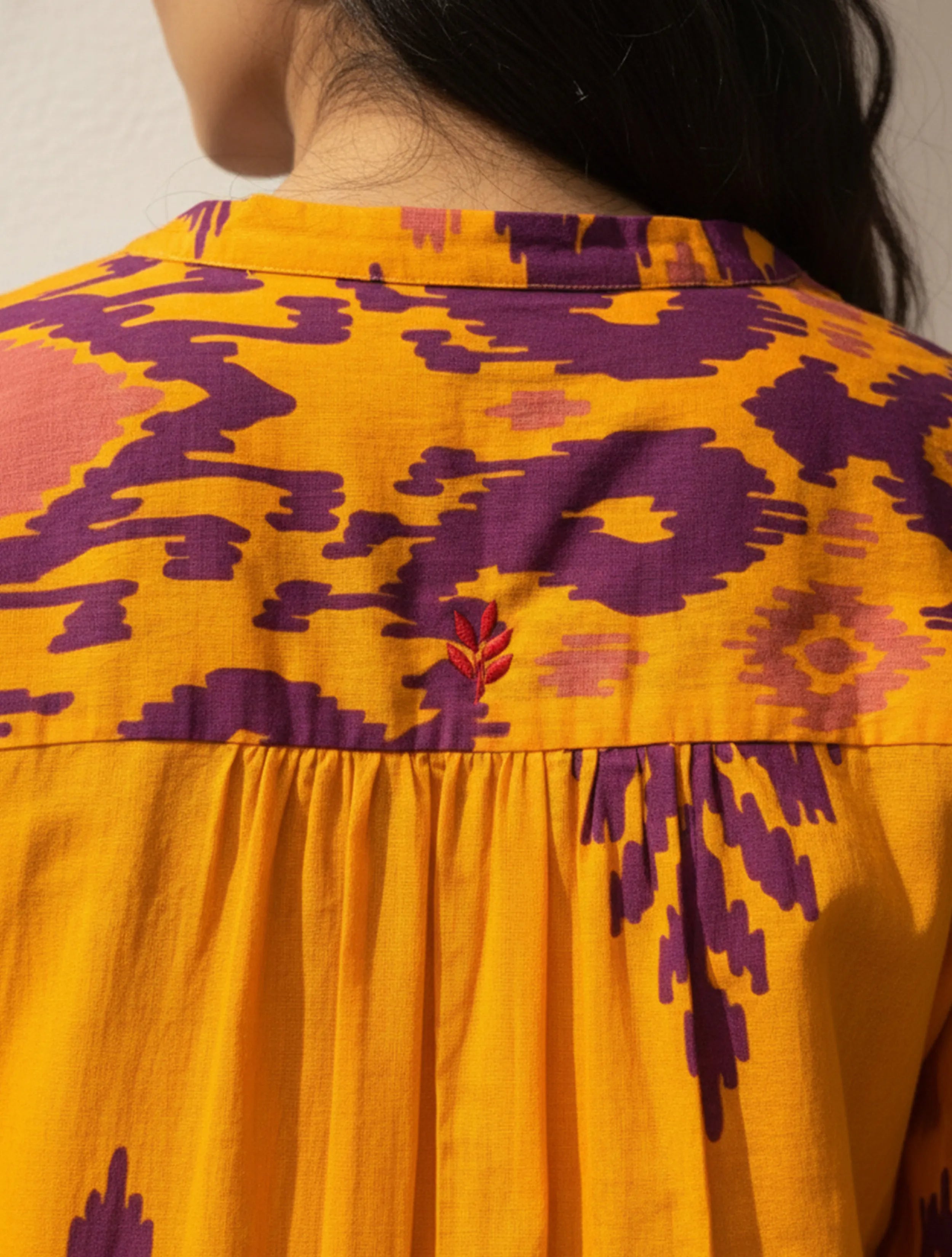 trueBrowns Yellow Purple Ikat Print Cotton High-Low Kurta Set