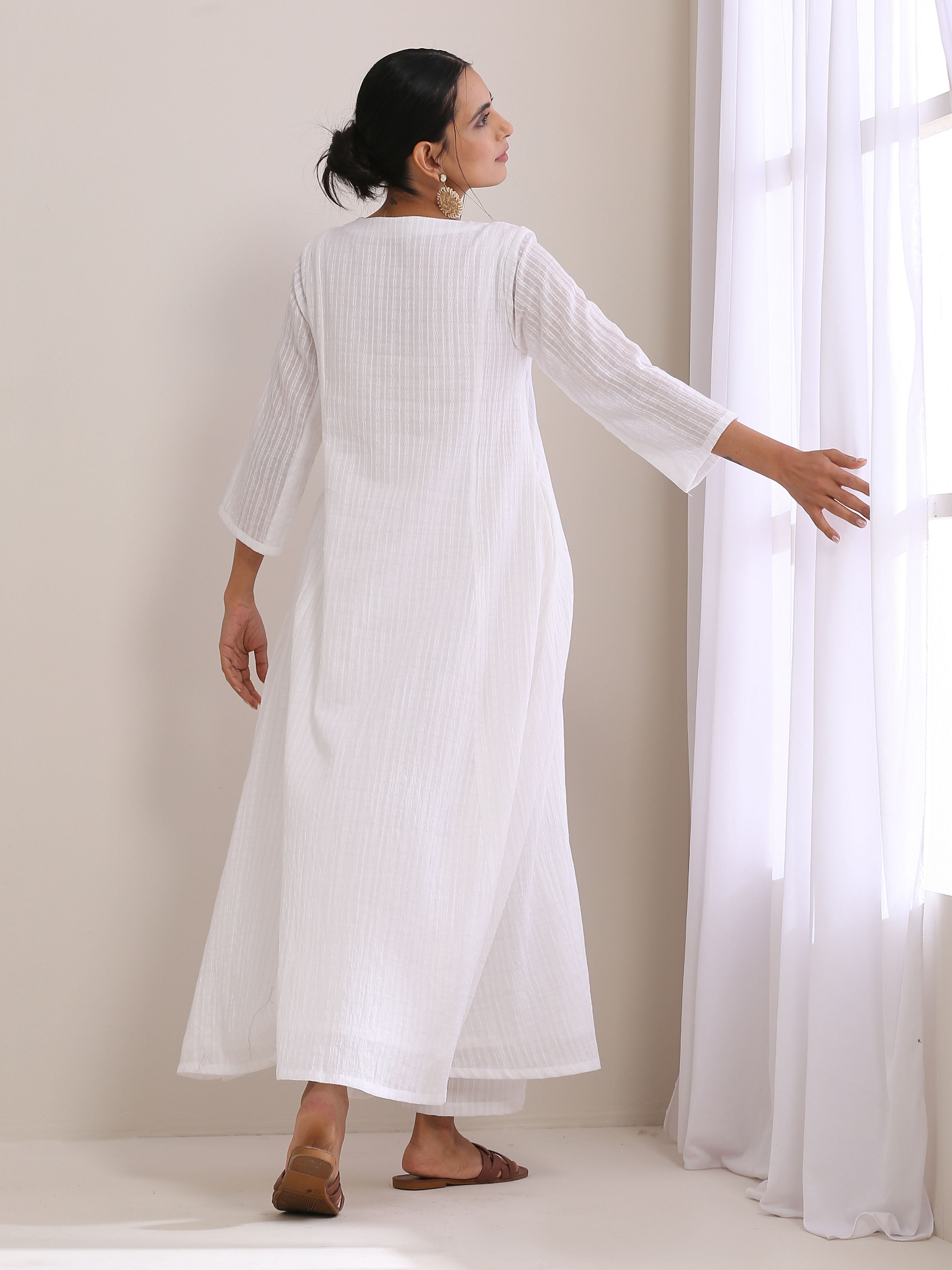 White Dobby Front Pleated Long Kurta Pant Set