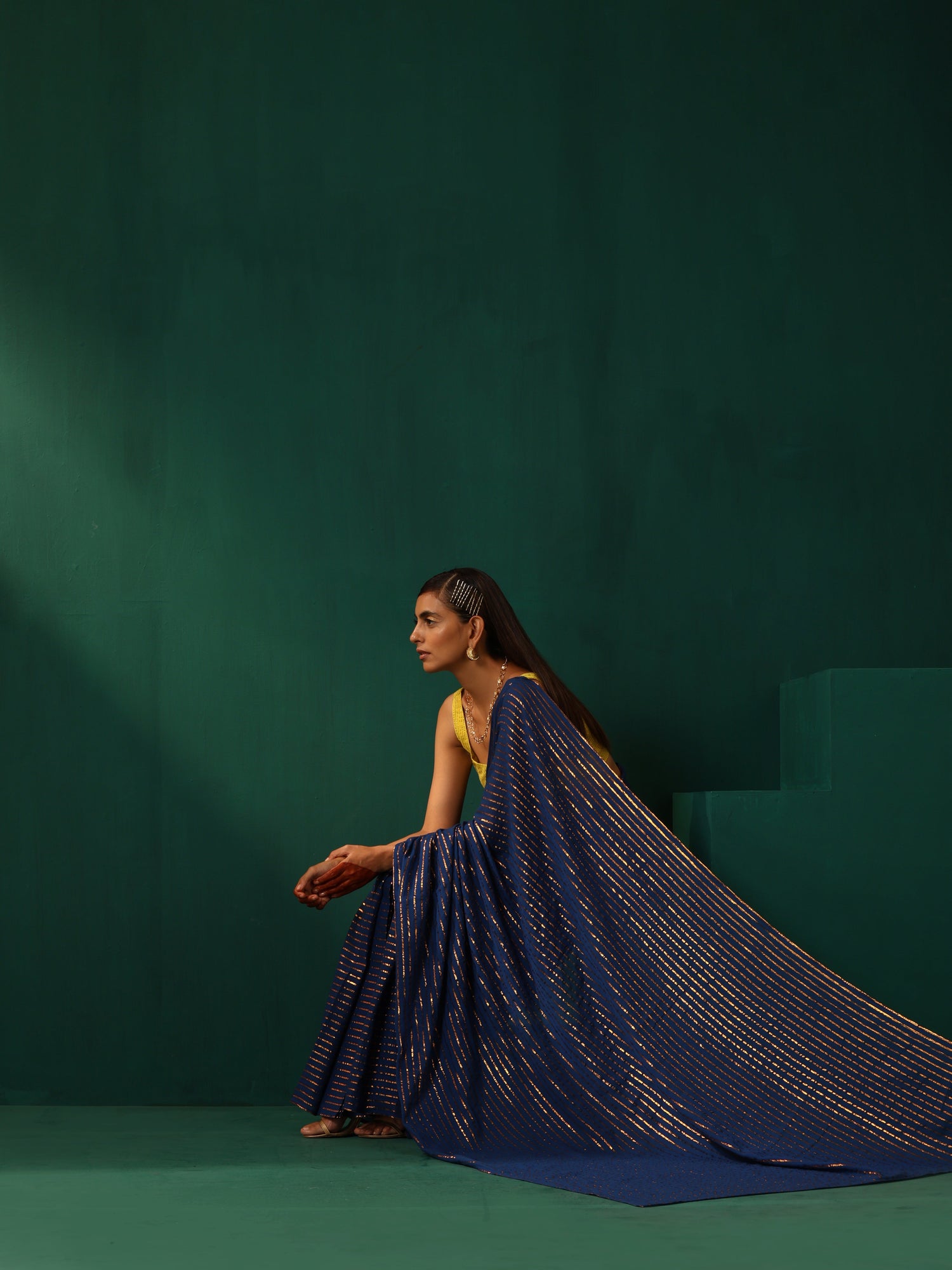trueBrowns Royal Blue Cotton Gold Striped Ready To Wear Saree