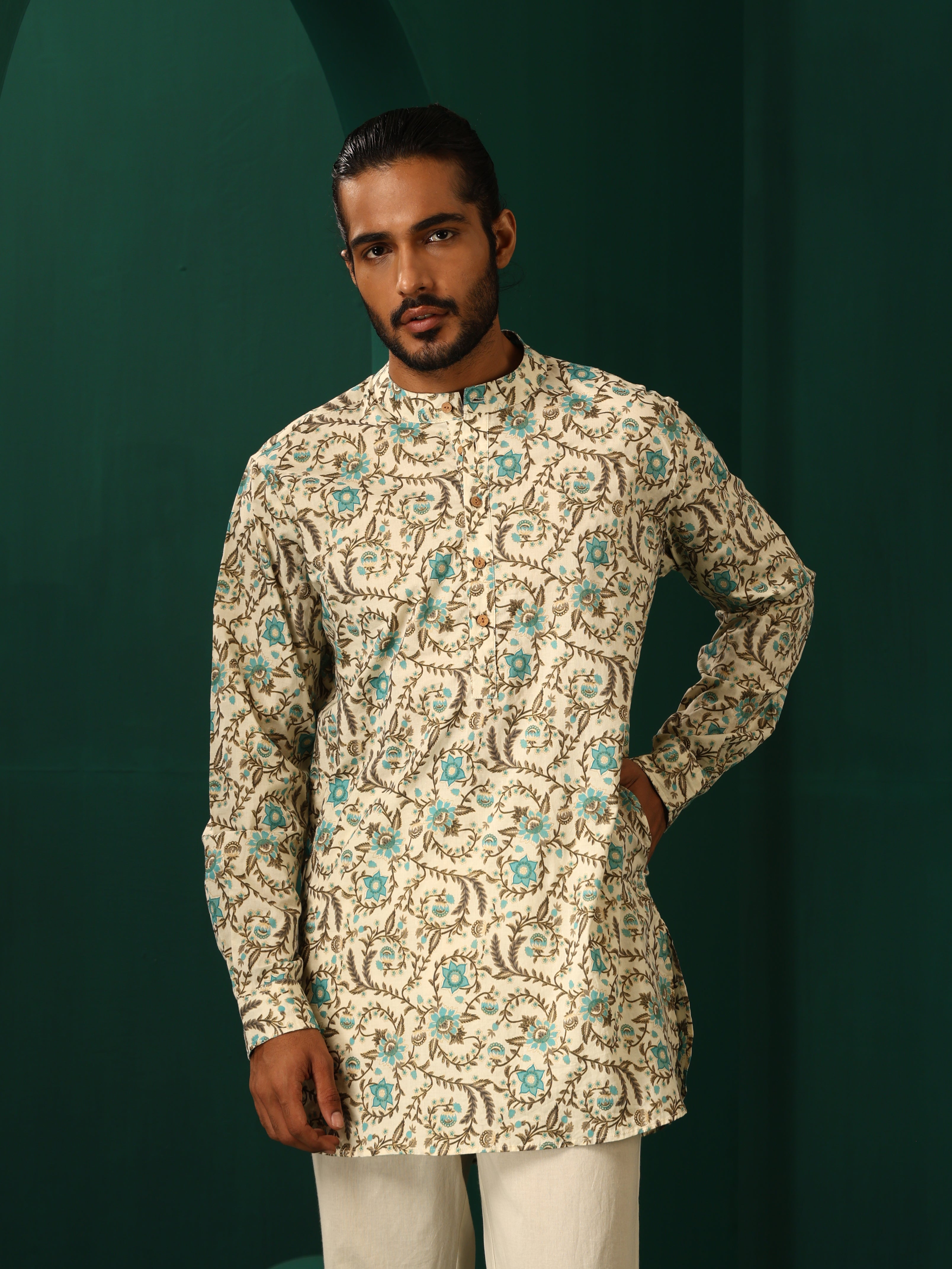 trueBrowns Men Teal Floral Cotton Printed Co-ord Set