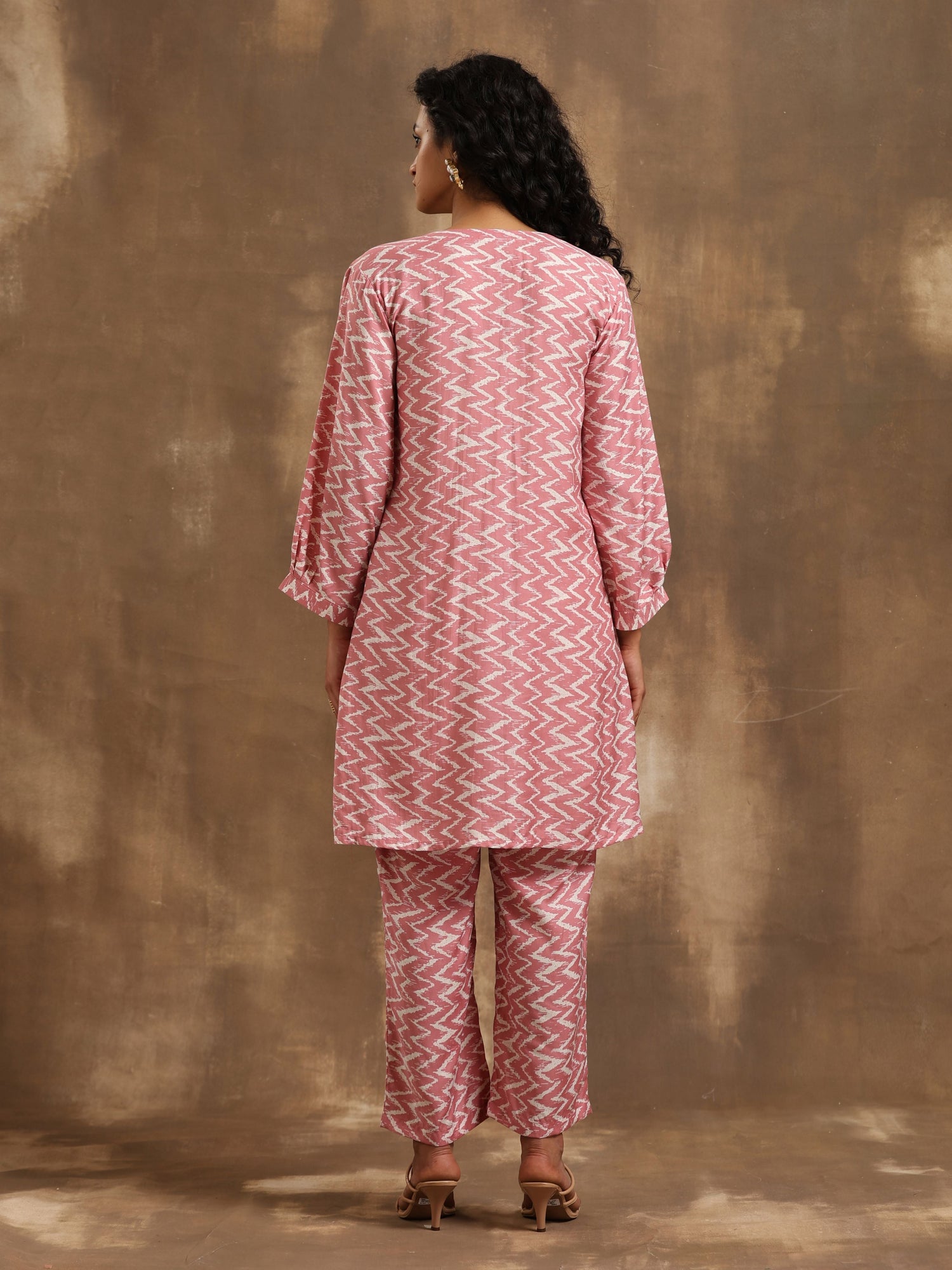 Light Mauve Zig-Zag Printed Silk Co-Ord Set