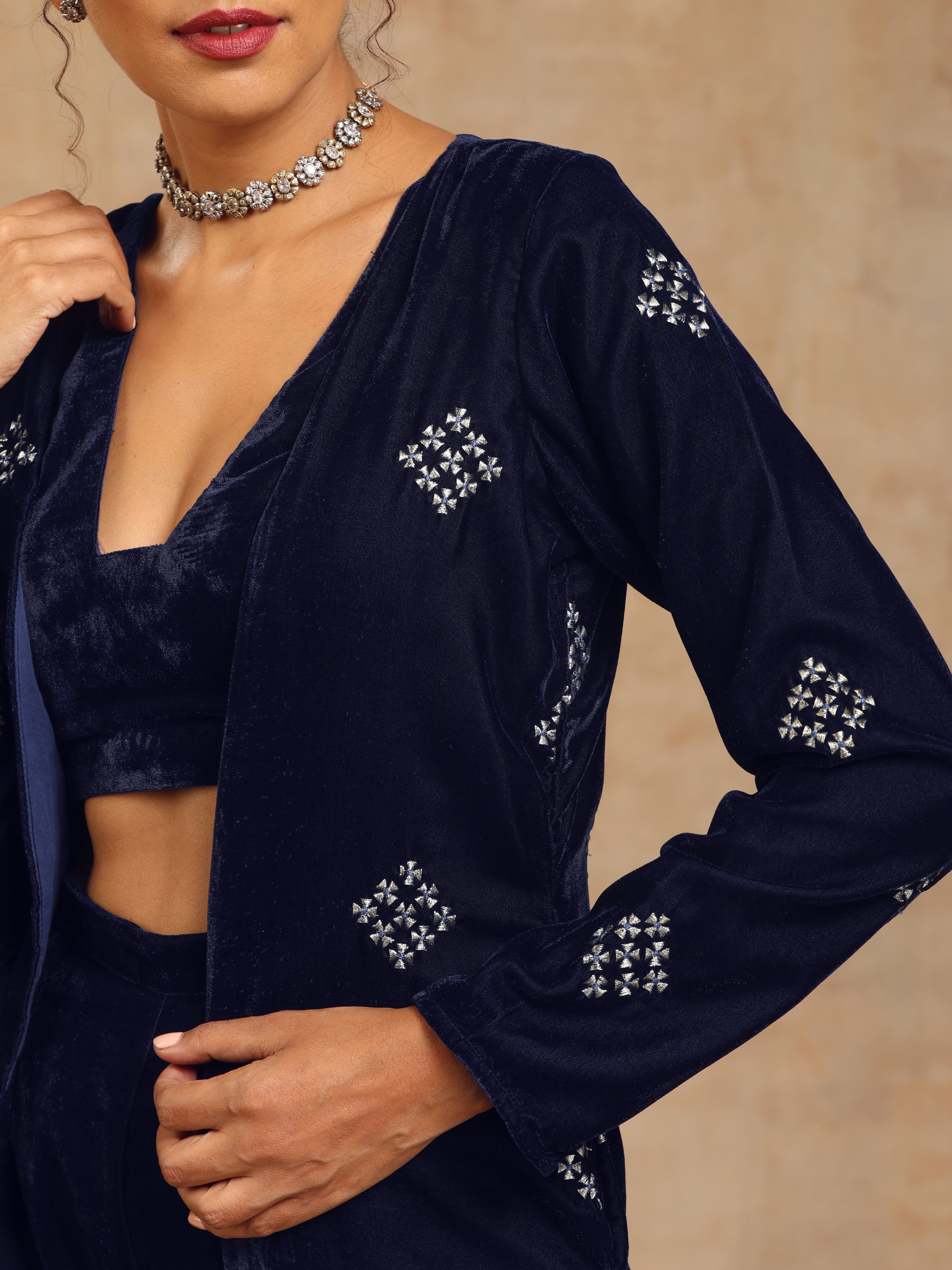 trueBrowns Midnight Blue Velvet Embroidered Jacket Set | Relove