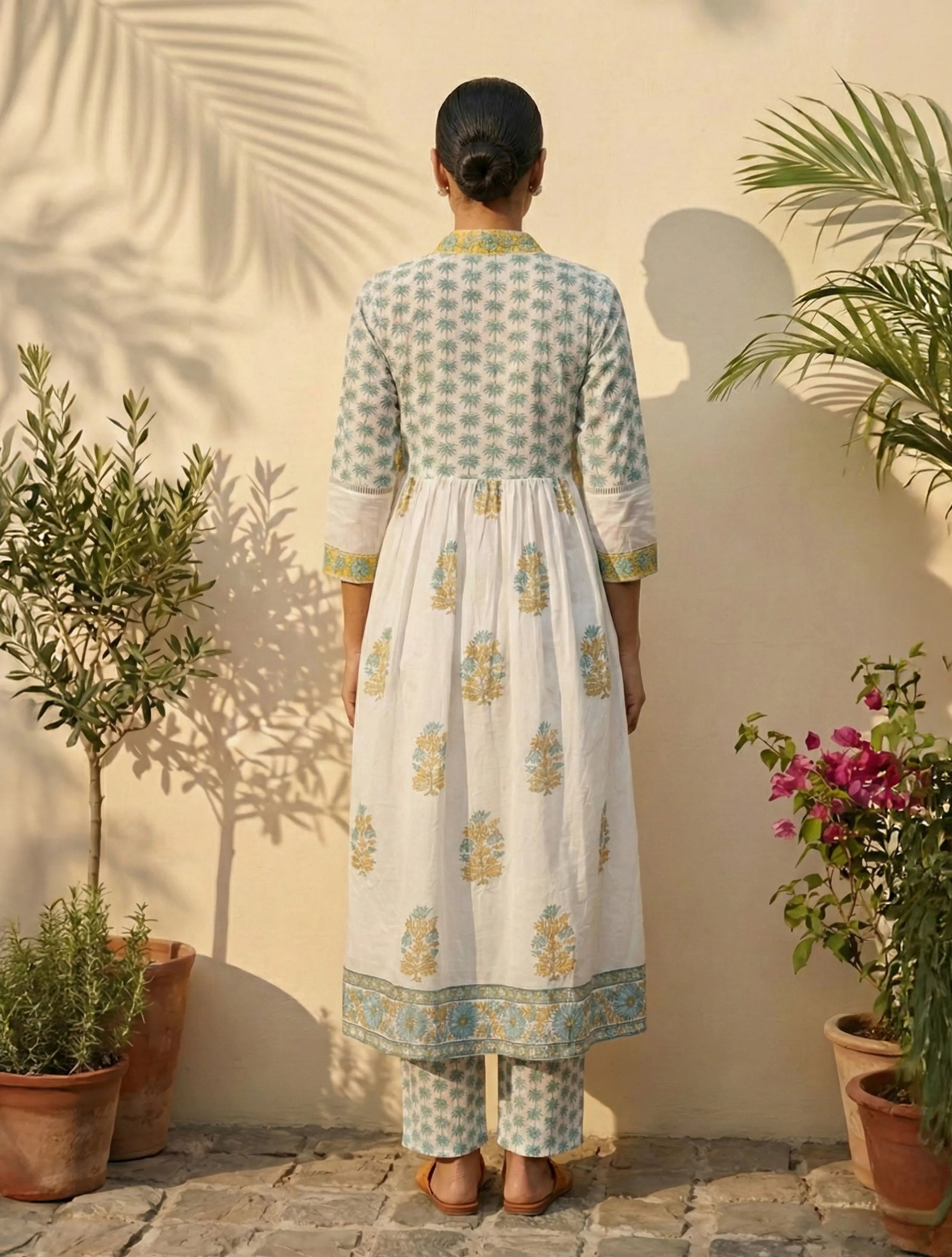 trueBrowns White Yellow Printed Anarkali Kurta Pant Dupatta Set