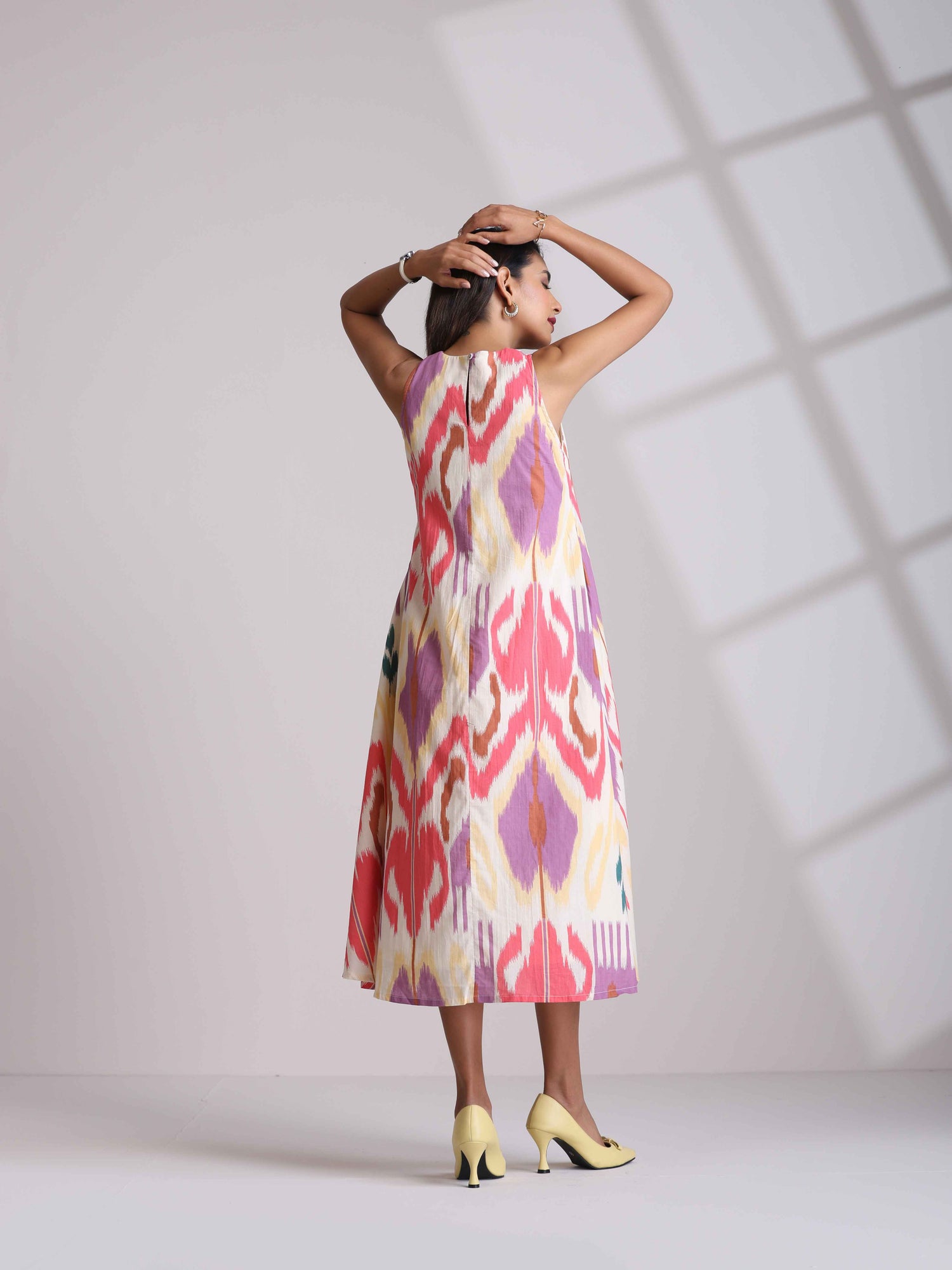 trueBrowns Pink Cotton Ikat Sleeveless Dress