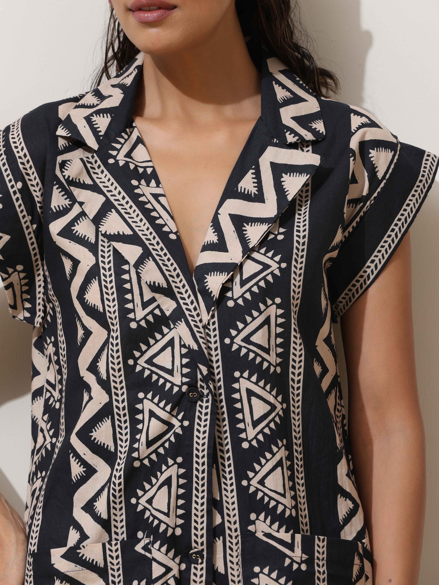 trueBrowns Beige Cotton Geometric Print Jacket Co-ord Set
