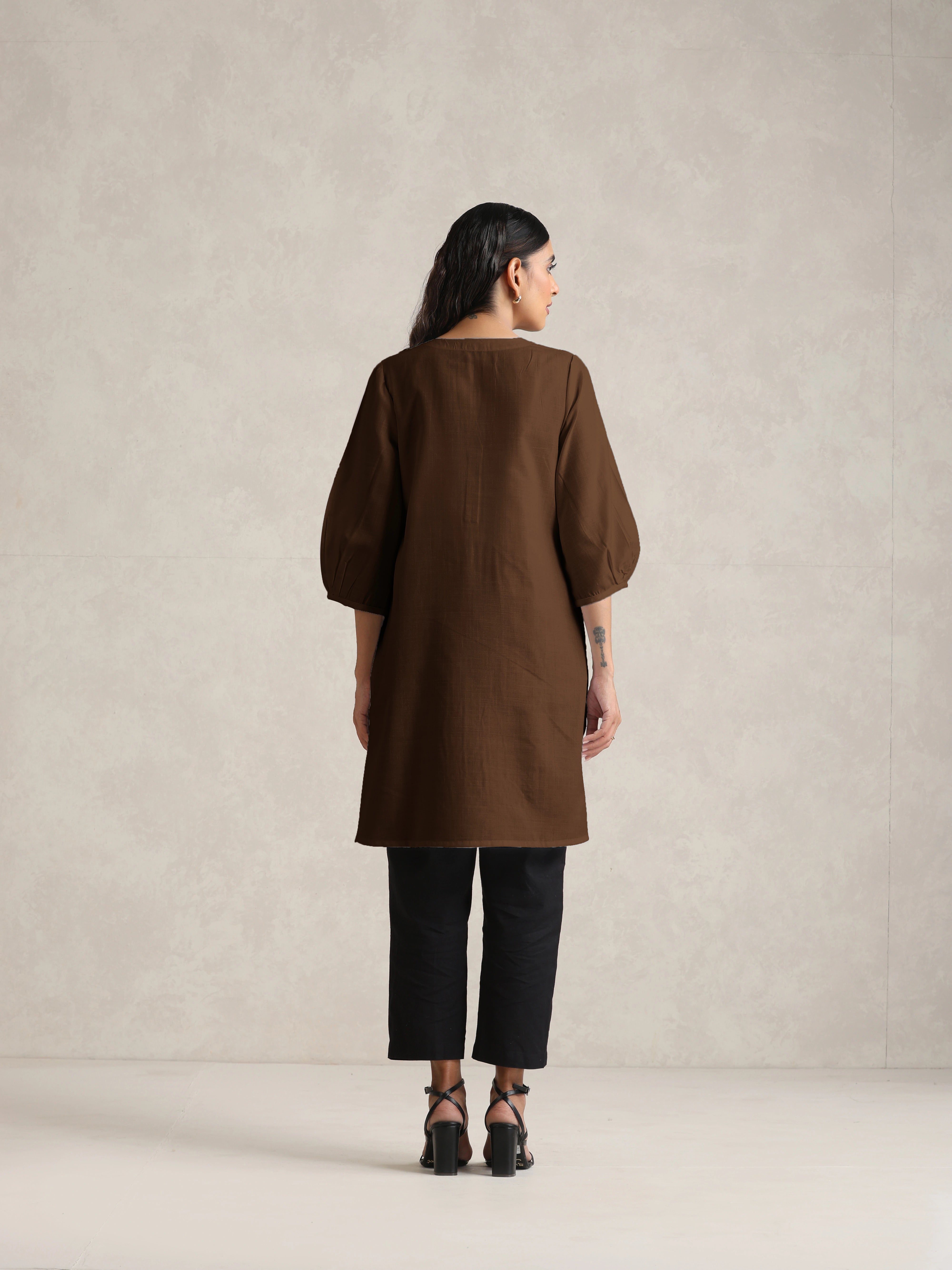 trueBrowns Brown Cotton Blend Short Kurta