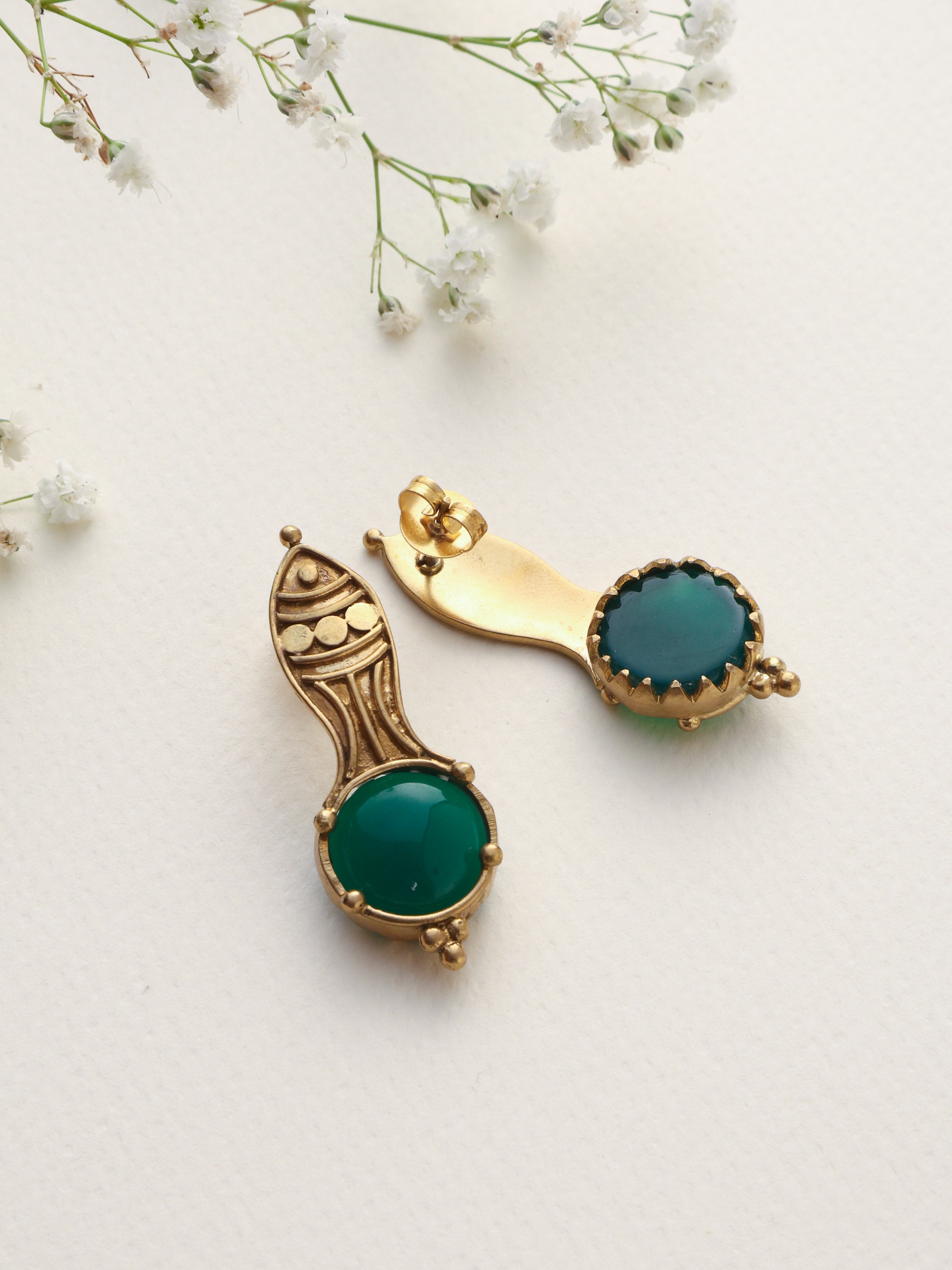 trueBrowns Brass Green Stone Abstract Earrings