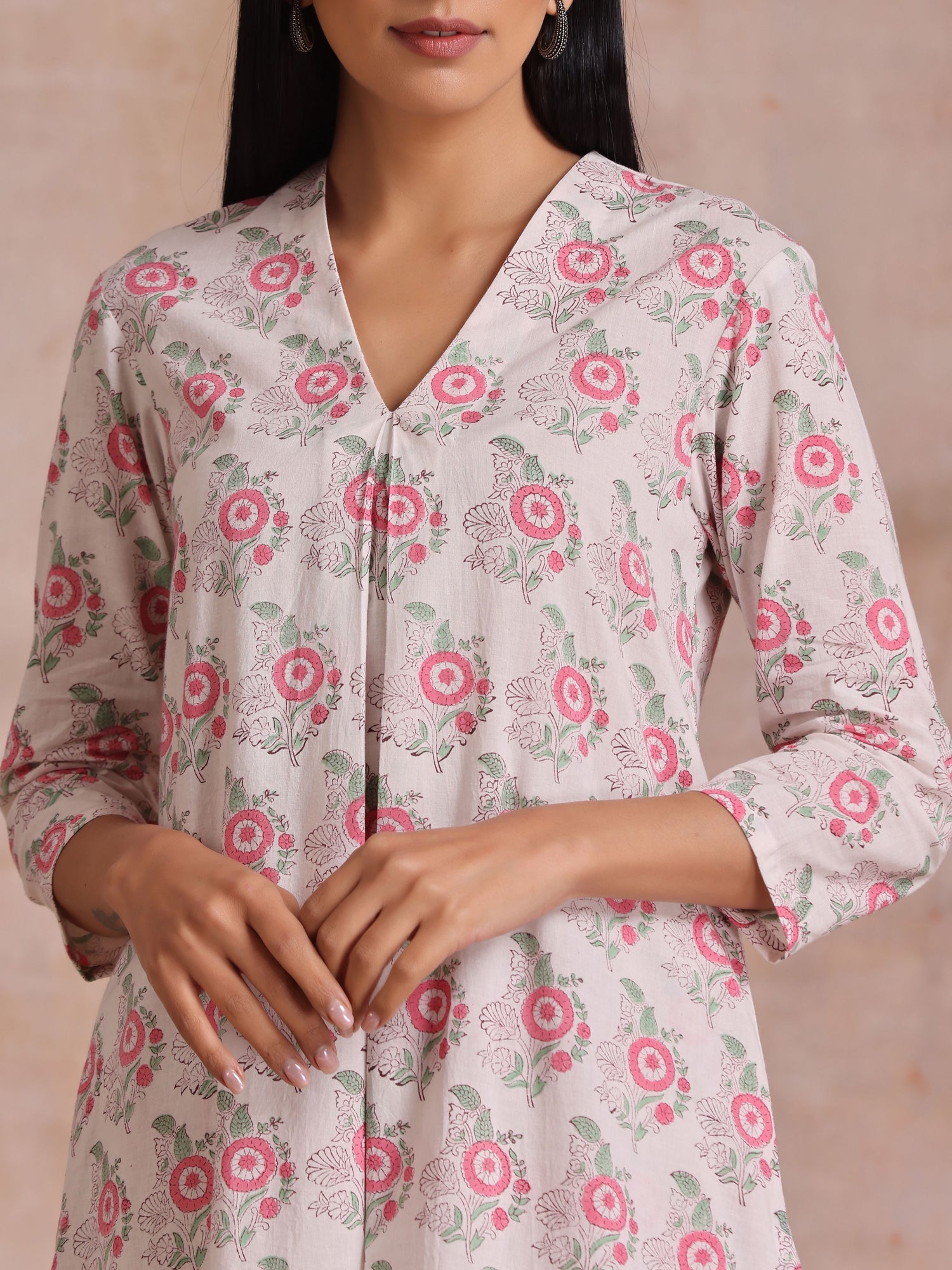 Pink Green Buta On White Block Print Cotton Slit Kurta Pant Set
