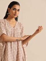 Beige White Floral Silk Print Kaftan Pant Set