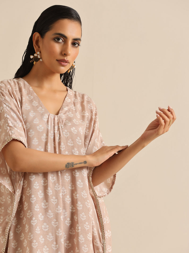 Beige White Floral Silk Print Kaftan Pant Set