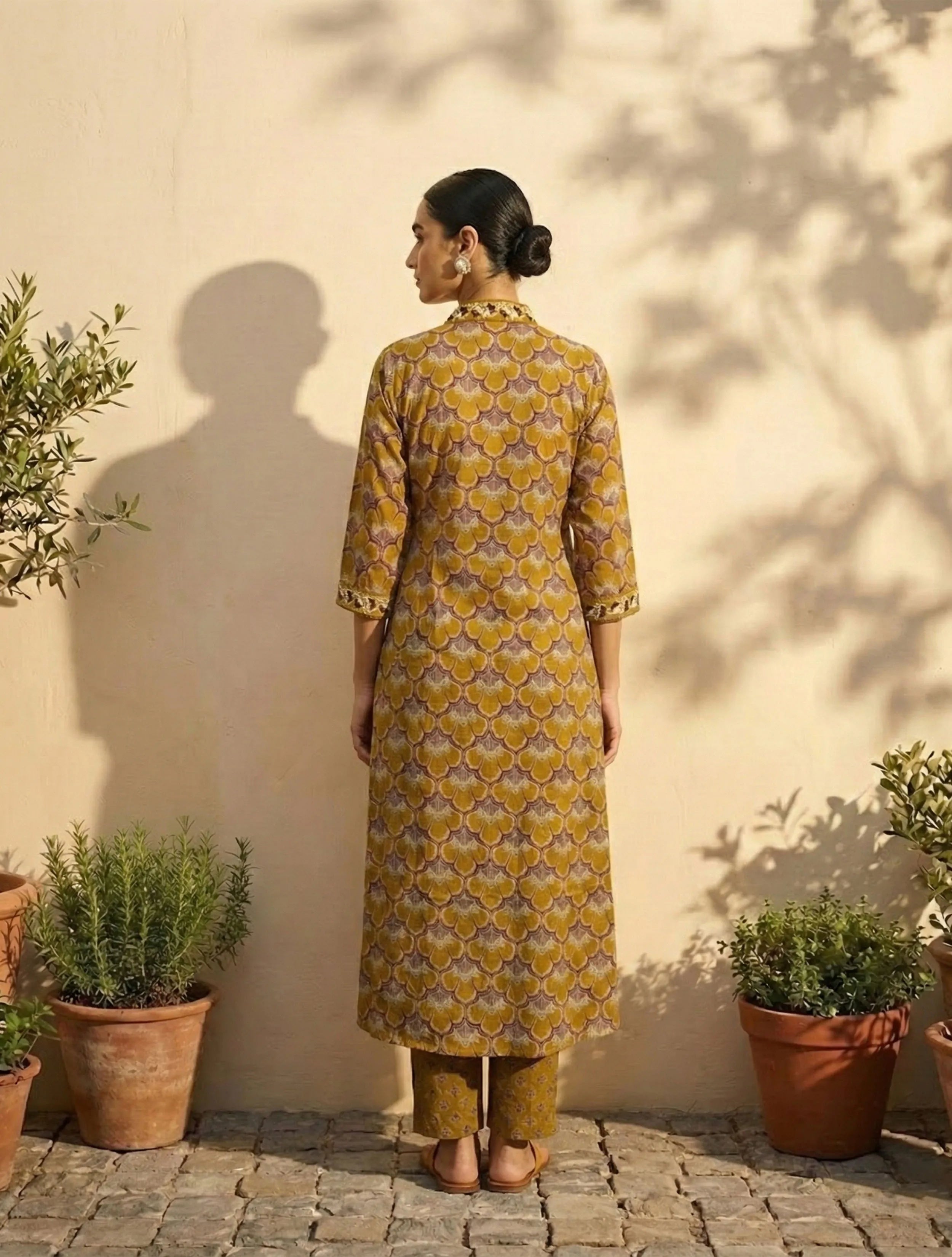 trueBrowns Mustard Floral Print V-Neck Anarkali Kurta Pant Dupatta Set