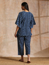 Indigo Dabu Floral Print Cotton Kaftan Co-Ord Set
