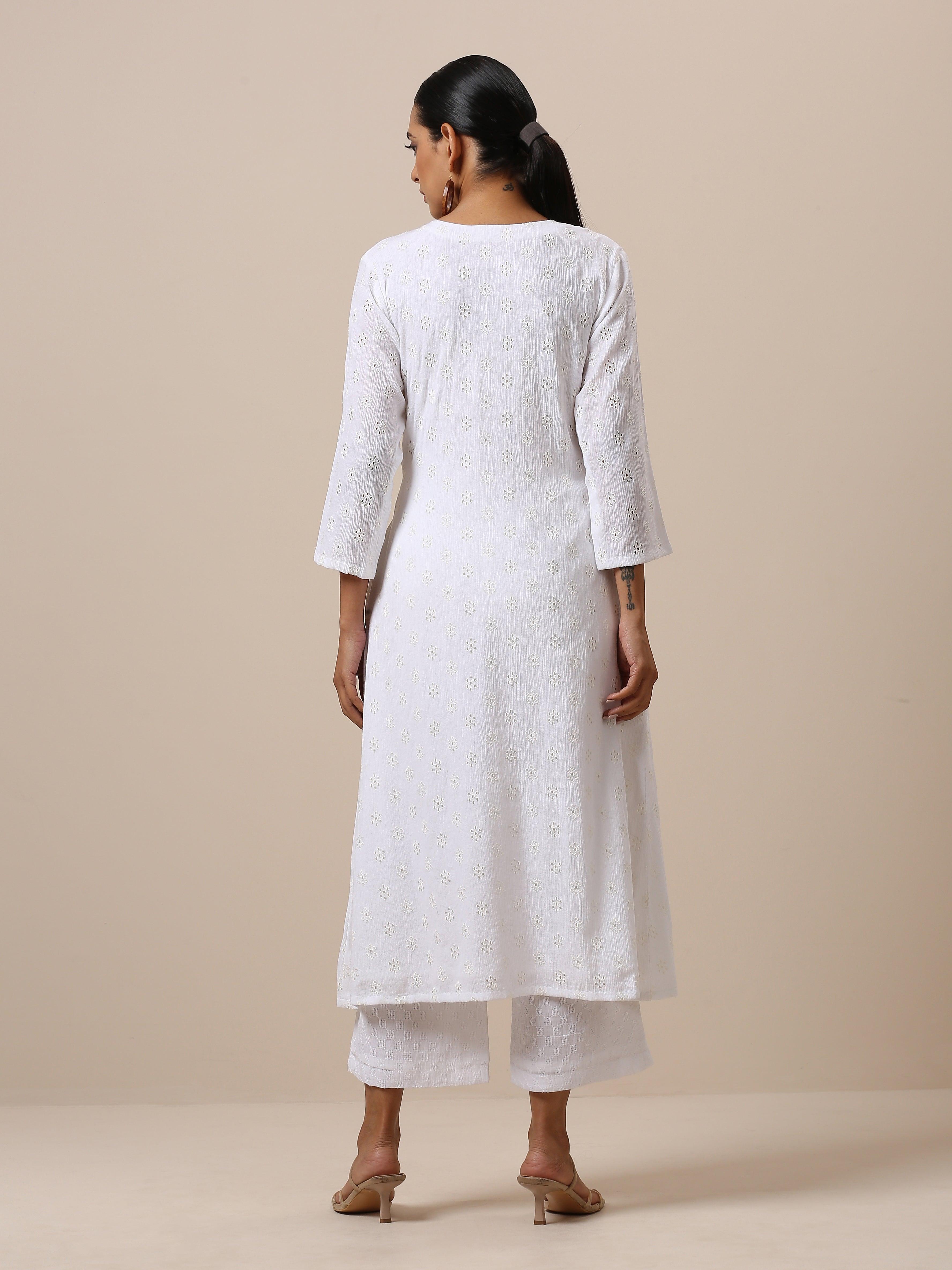 Cotton White Schiffli Angrakha Pant Set - trueBrowns