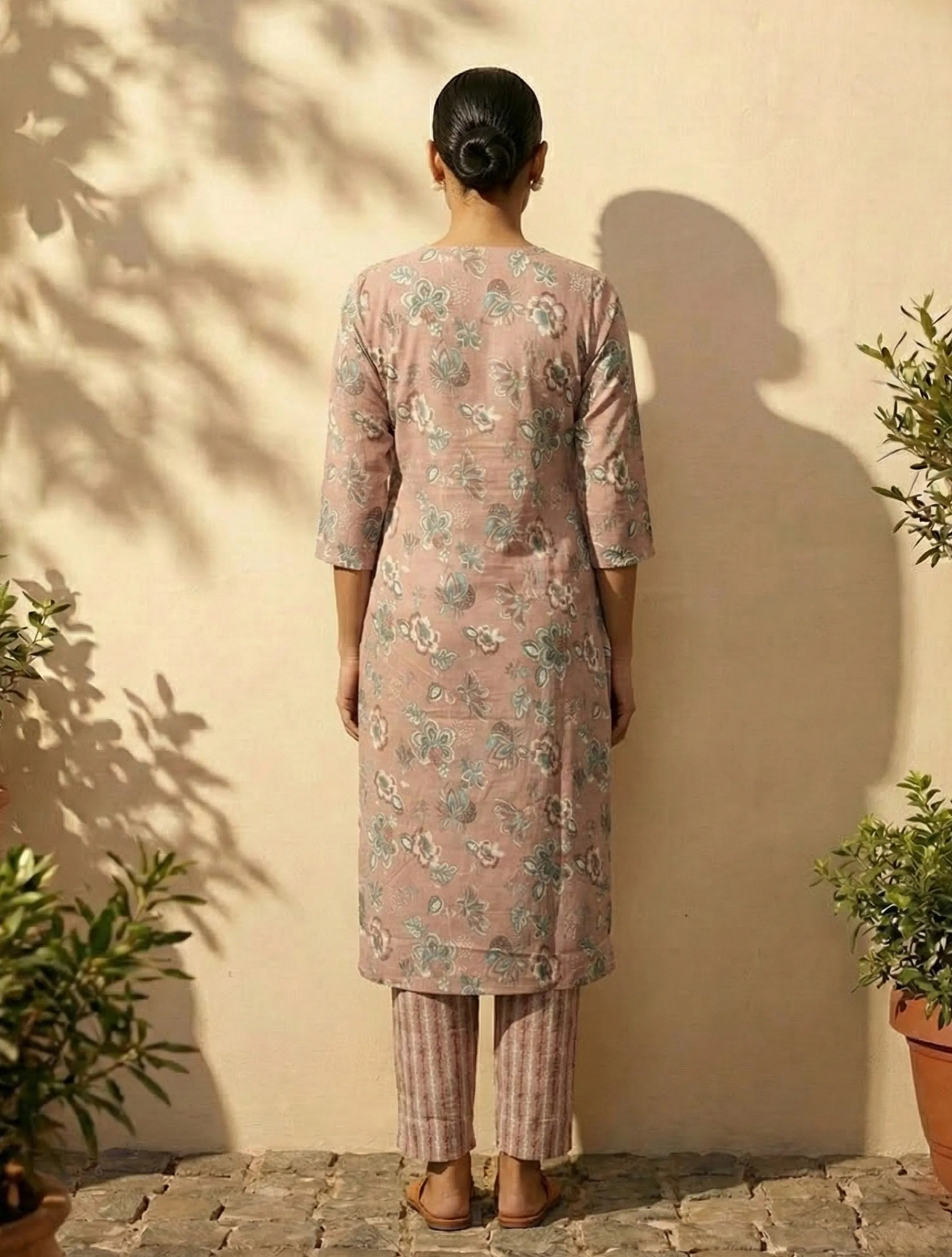 trueBrowns Light Pink Floral Print Kurta Pant Dupatta Set