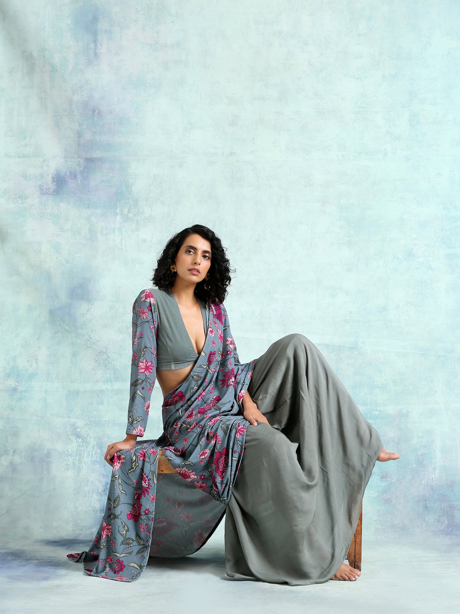 Grey Printed Velvet Ready To Wear Saree