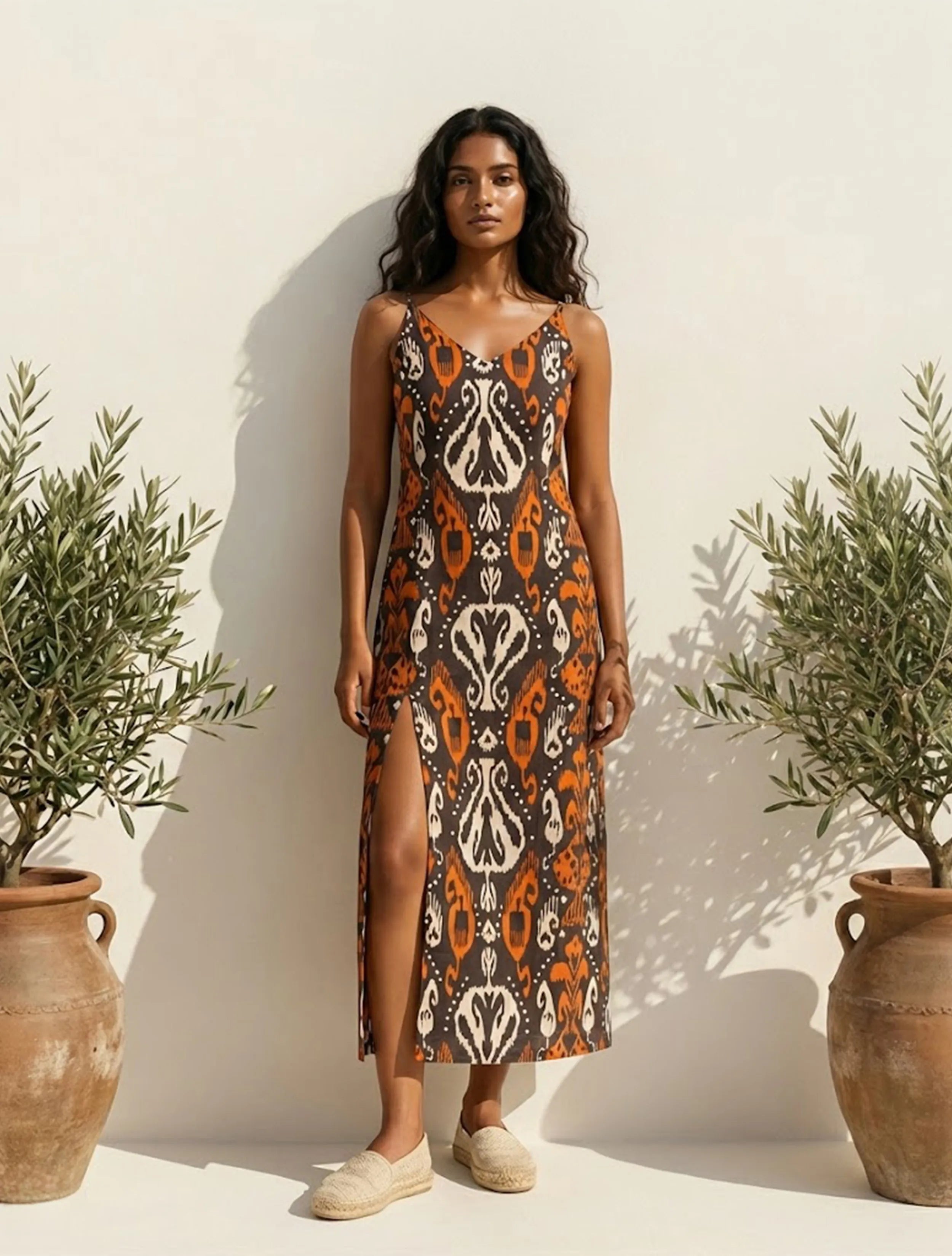 trueBrowns Cola Orange Ikat Print Cotton Mull Strappy Long Dress