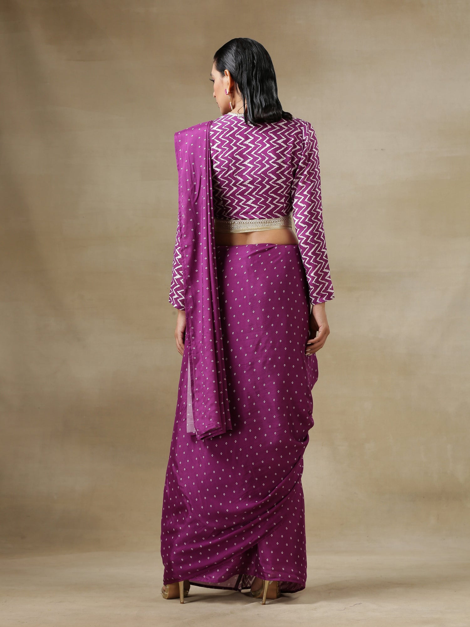 Purple Bandhani Printed Silk Ready To Wear Saree with Belt