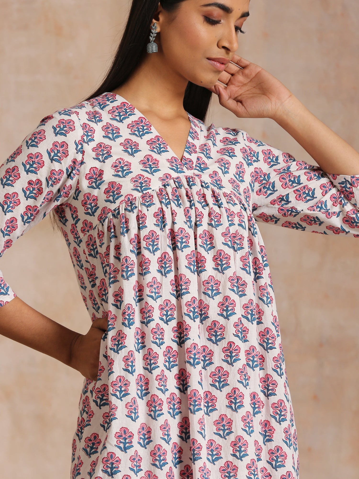 White With Pink Blue Floral Block Print Cotton Flared Slit Kurta Pant Set