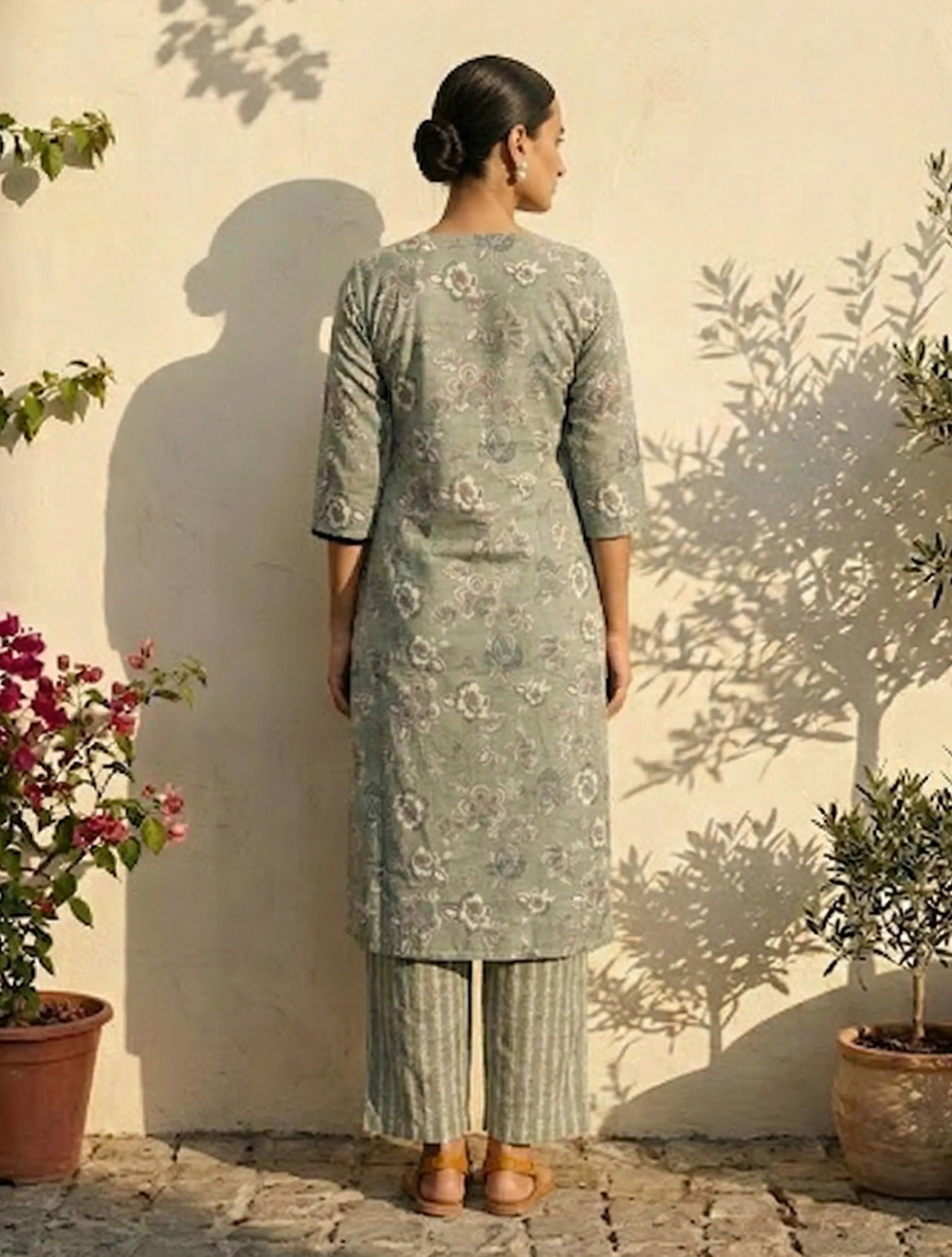 trueBrowns Sage Green Floral Print Kurta Pant Dupatta Set
