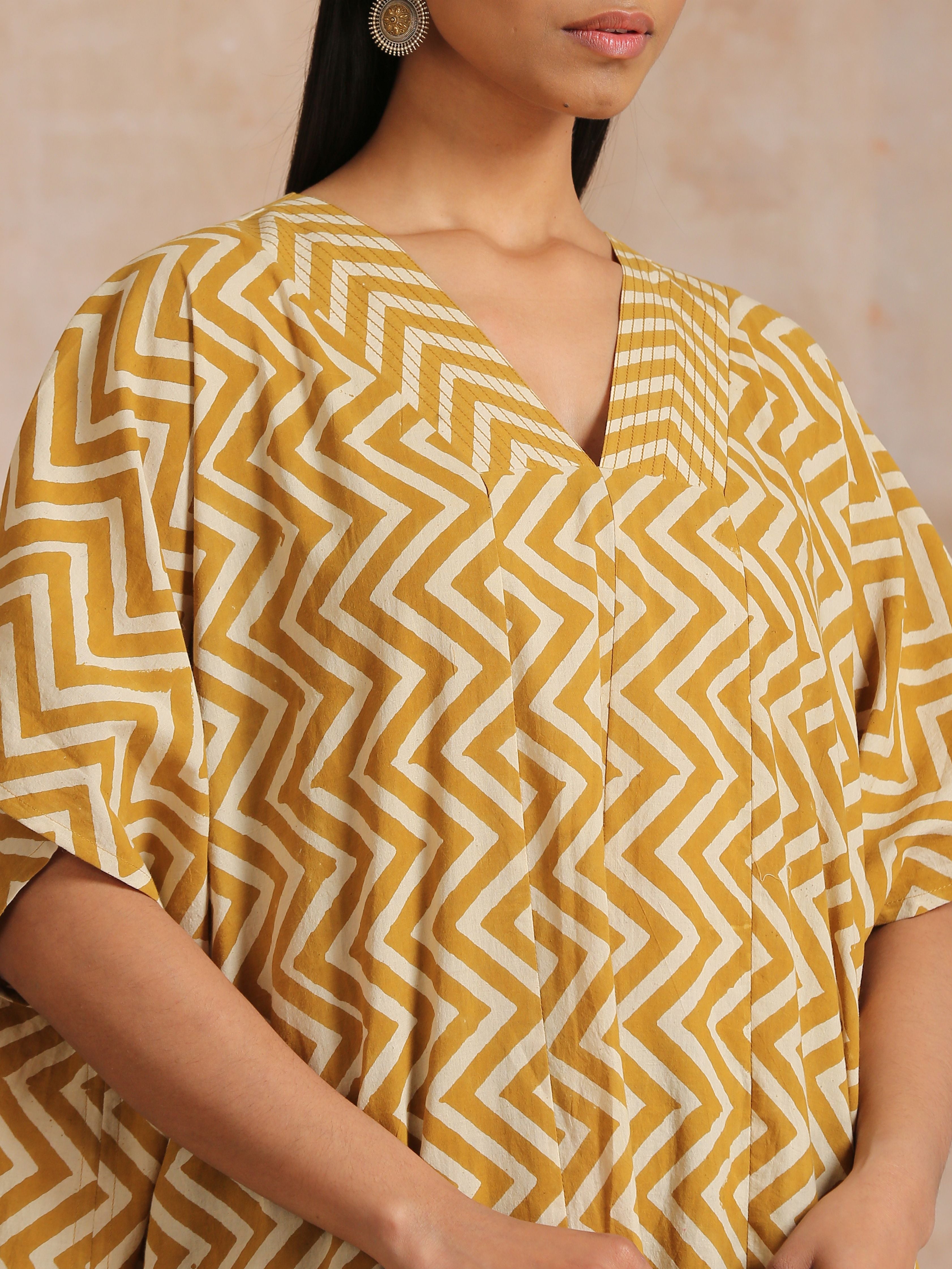 Mustard Dabu Zig-Zag Lines Print Cotton Panel Kaftan Kurta Pant Set