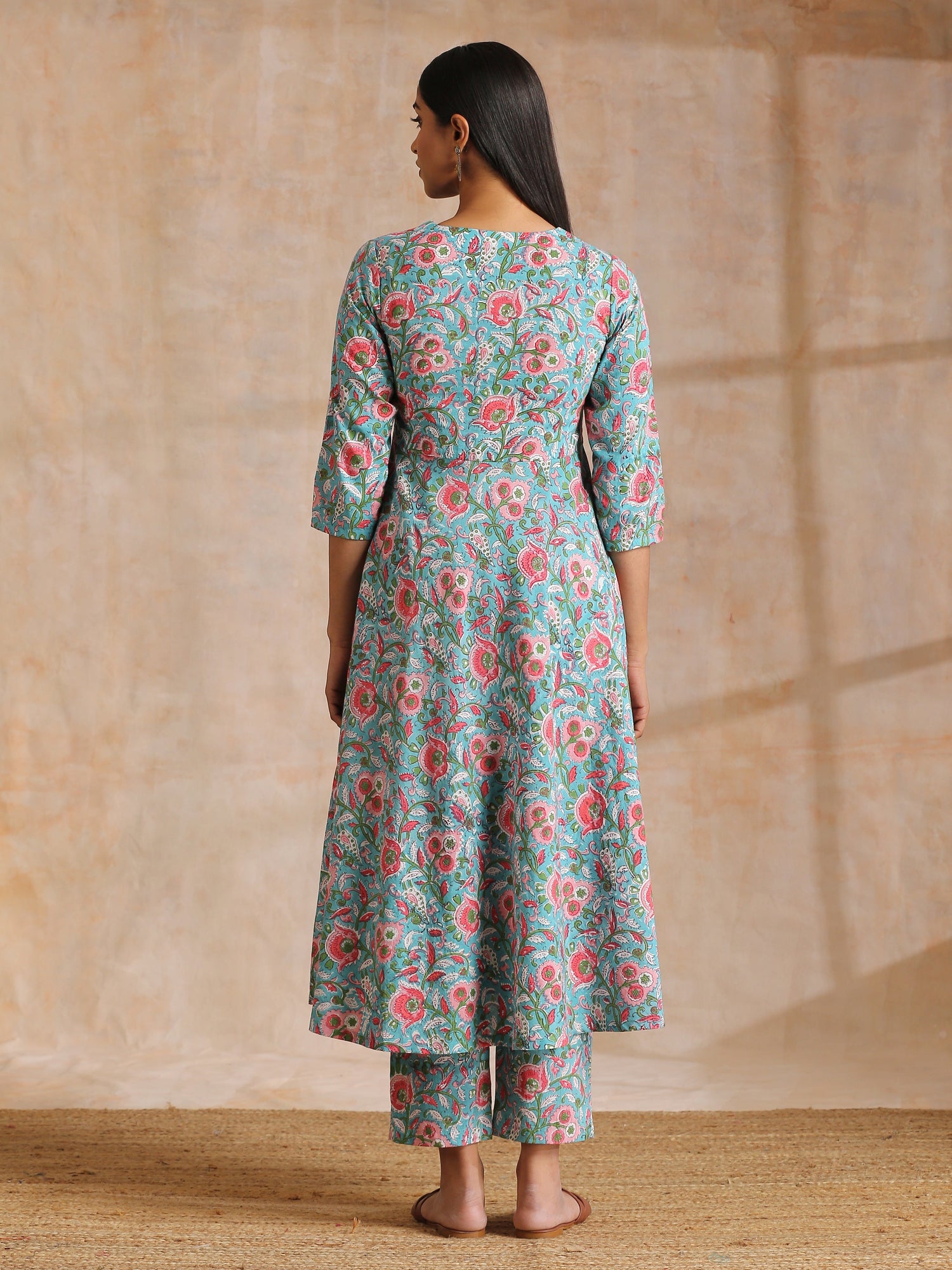 Turkish Blue Overall Floral Block Print Cotton Flared Kurta Pant Set