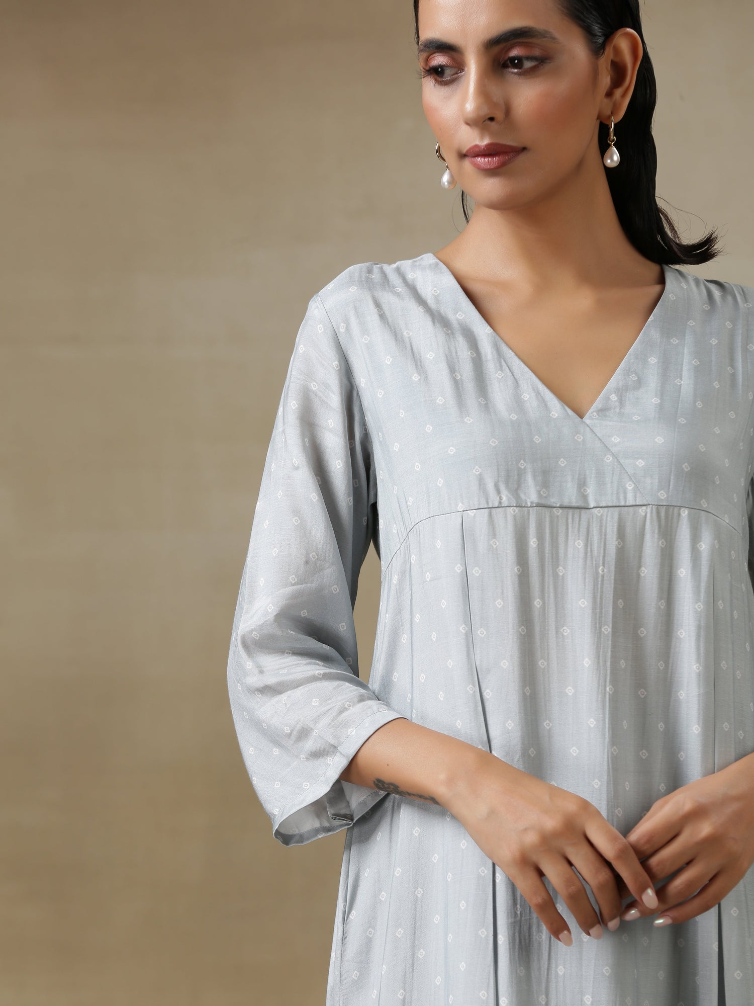 Grey Bandhani Printed Silk Yoke Kurta Pant Set