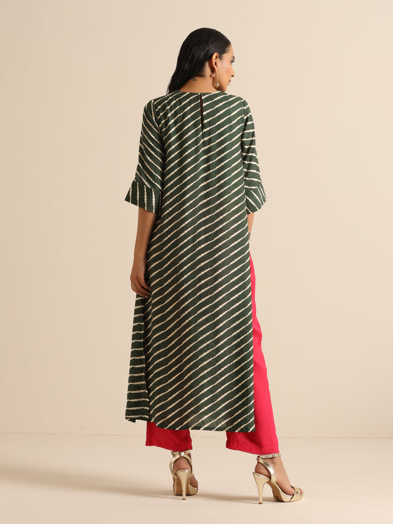 Dark Green Lehariya Printed Silk Kurta Pant Set