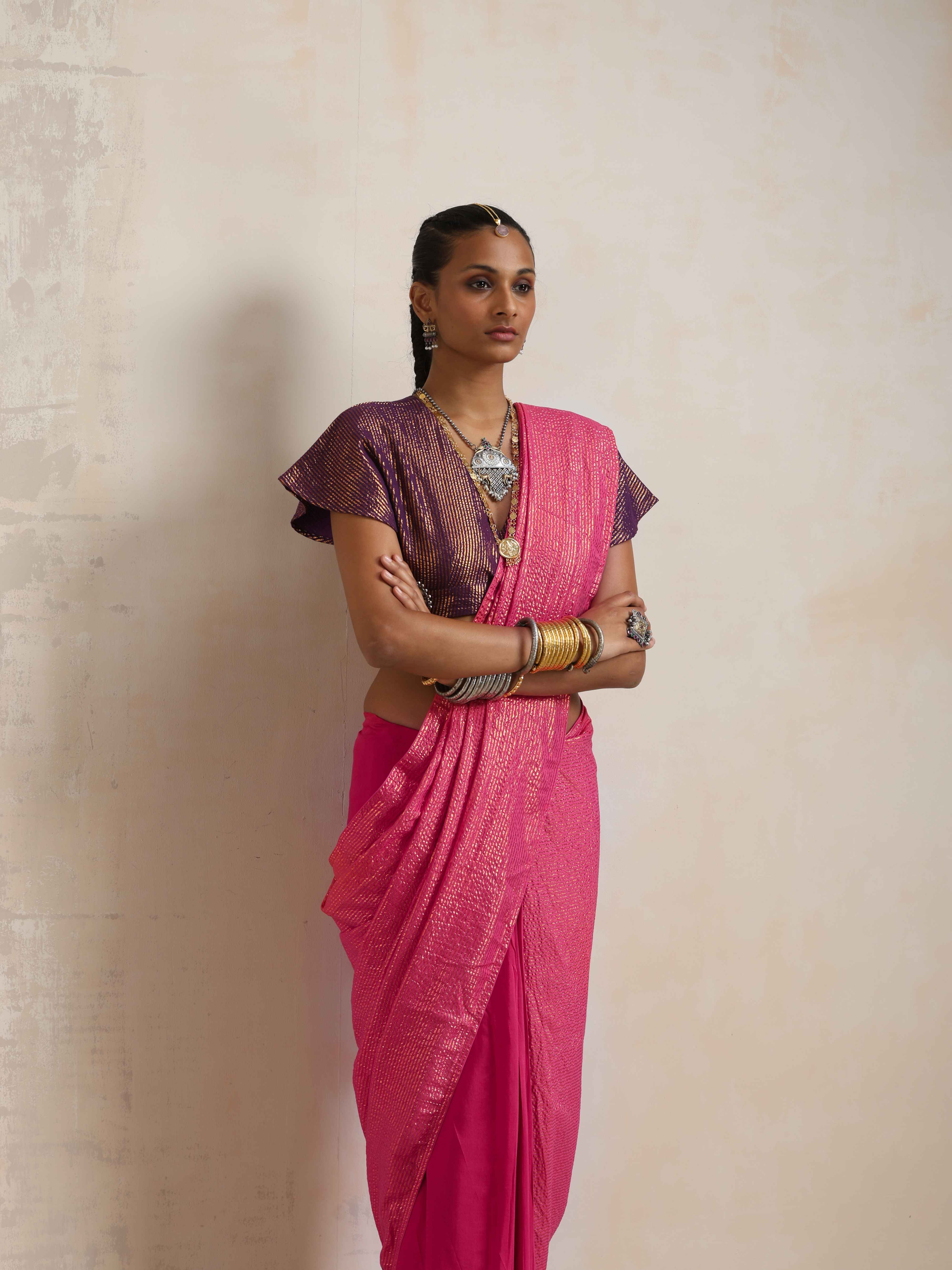 trueBrowns Pink Gold Lurex Ready To Wear Saree