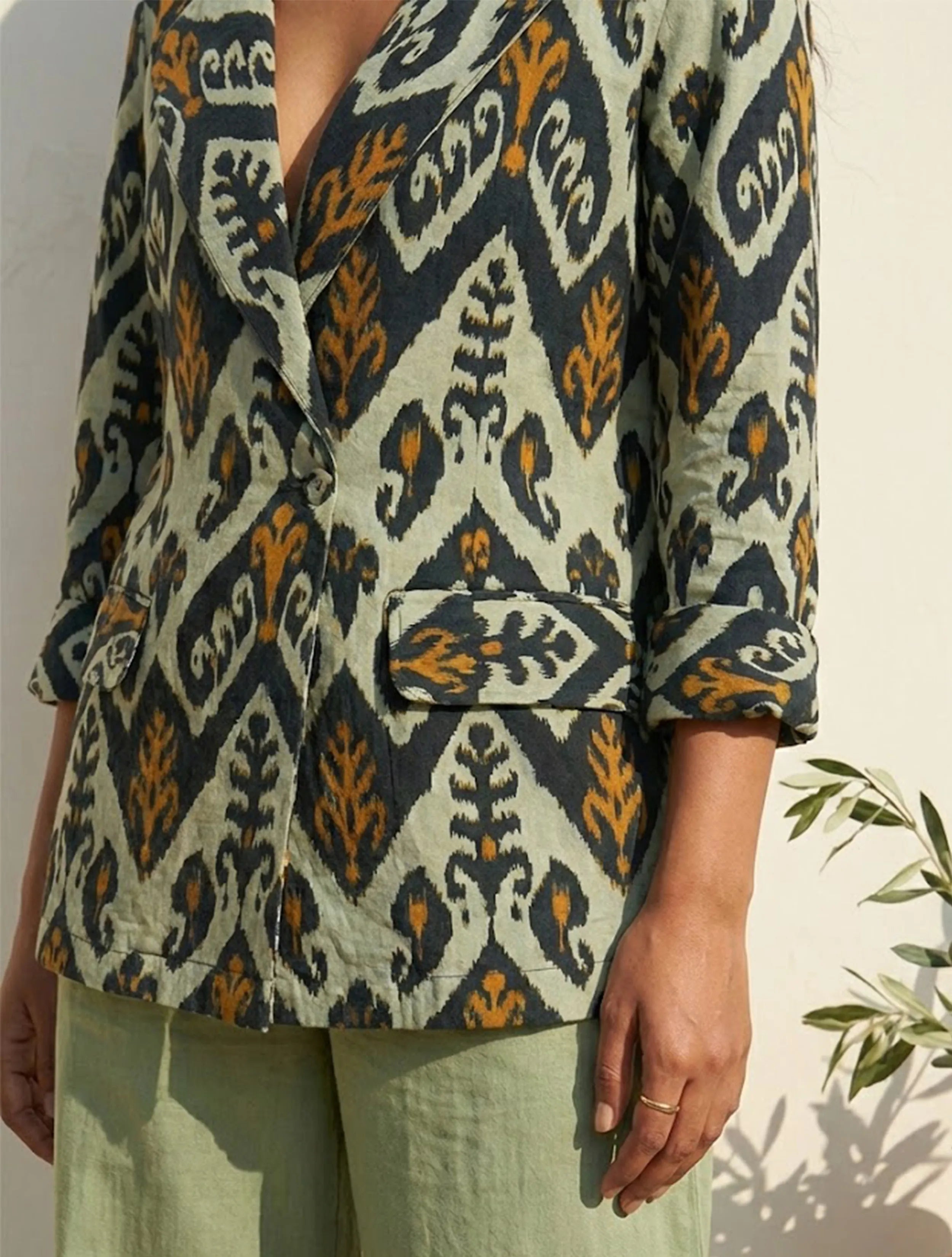 trueBrowns Mint Green Ikat Print Cotton Poplin Blazer Co-Ord Set