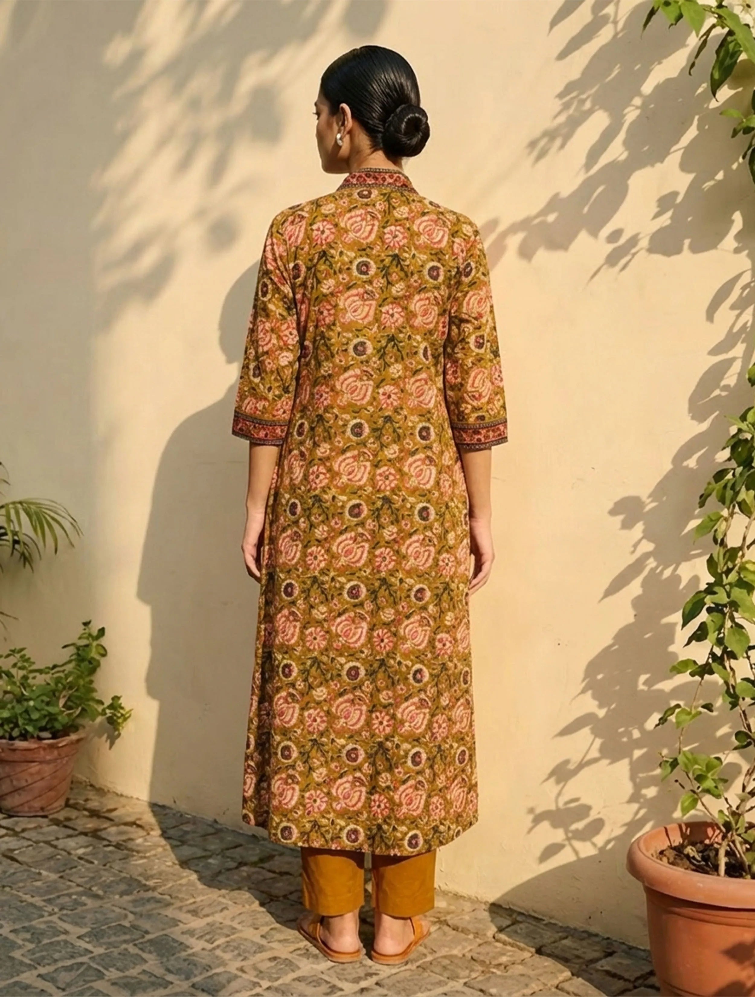trueBrowns Mustard Floral Print Anarkali Kurta Pant Dupatta Set