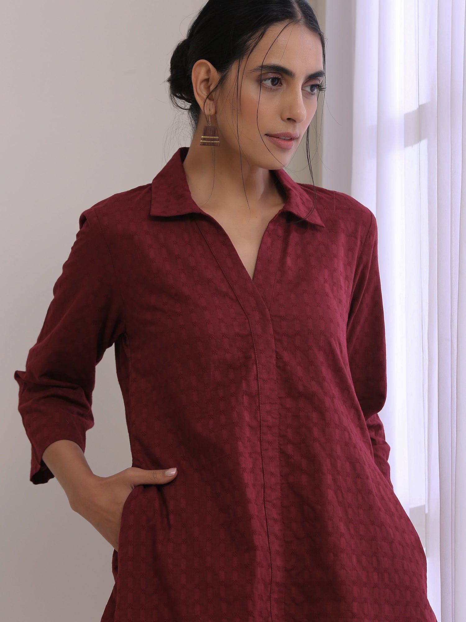 Ruby Wine Dobby Collar Short Co-Ord Set