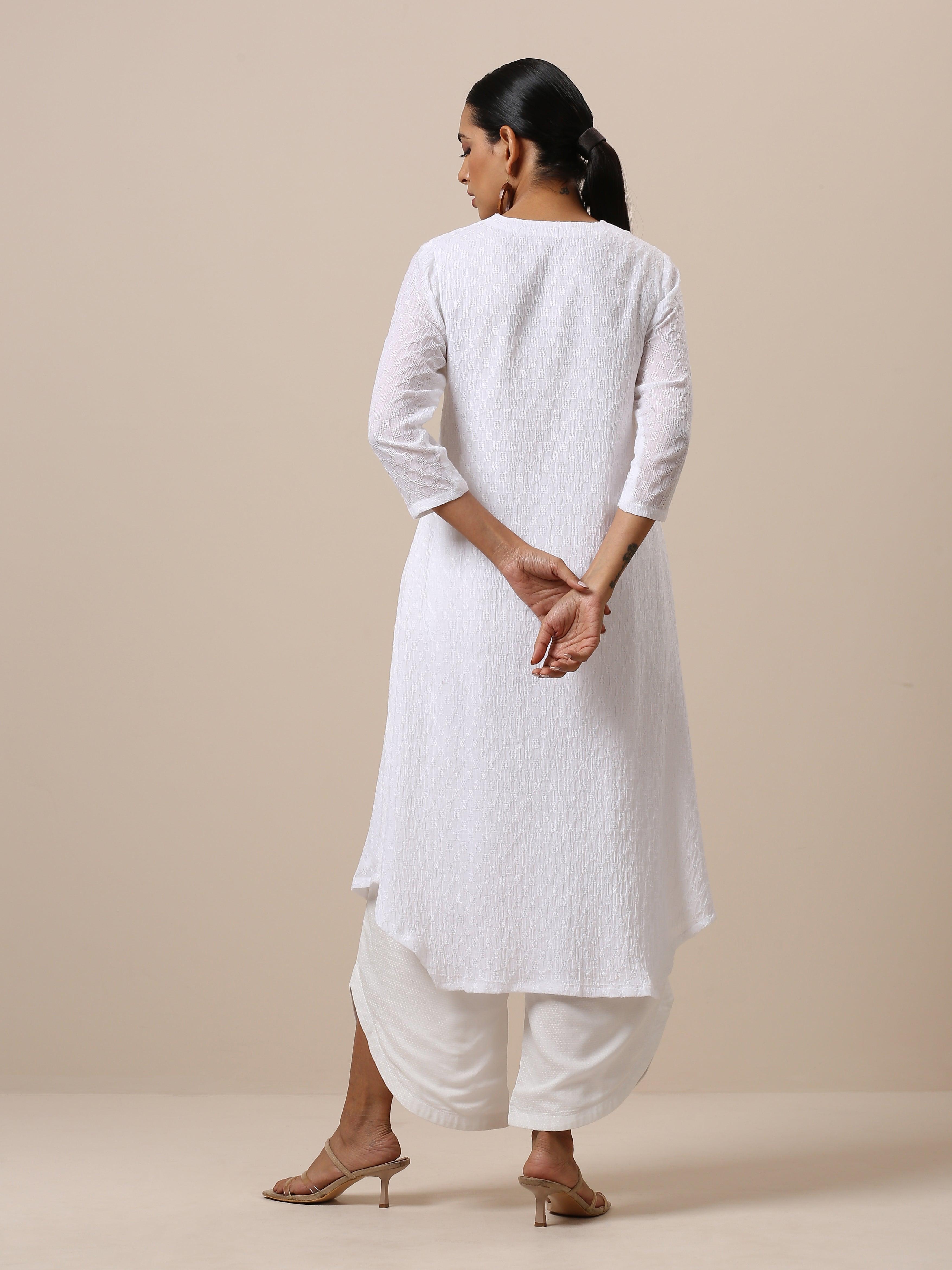 Cotton White Weave Yoke Kurta Pant Set - trueBrowns