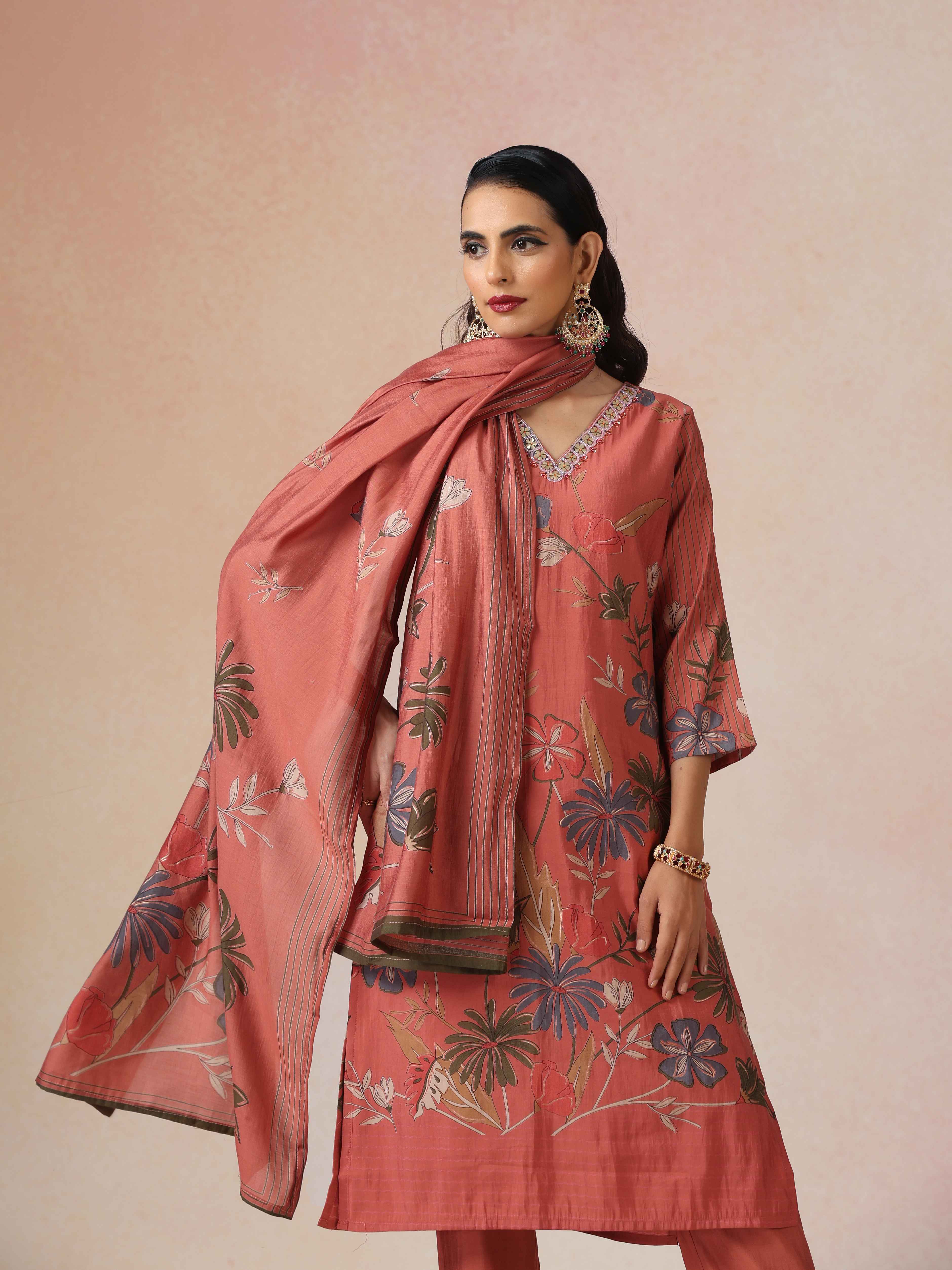 trueBrowns Rust Embroidered Straight Kurta 3pc Set